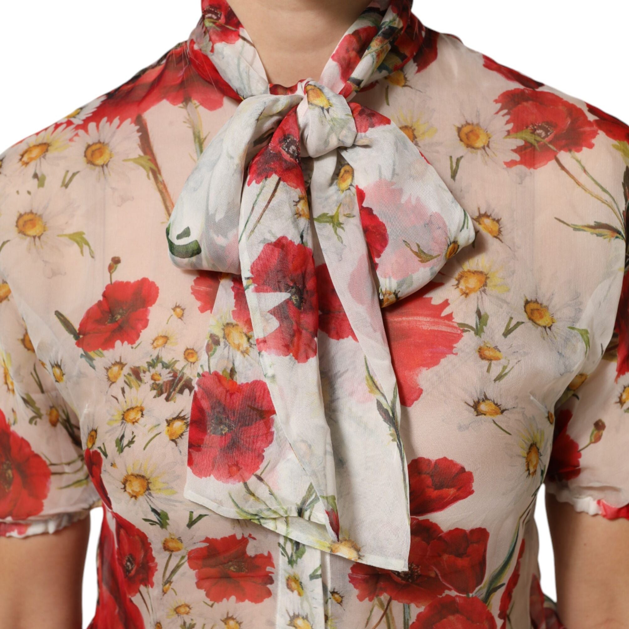Dolce & Gabbana White Floral Tie-Neck Poppy Print Blouse Top