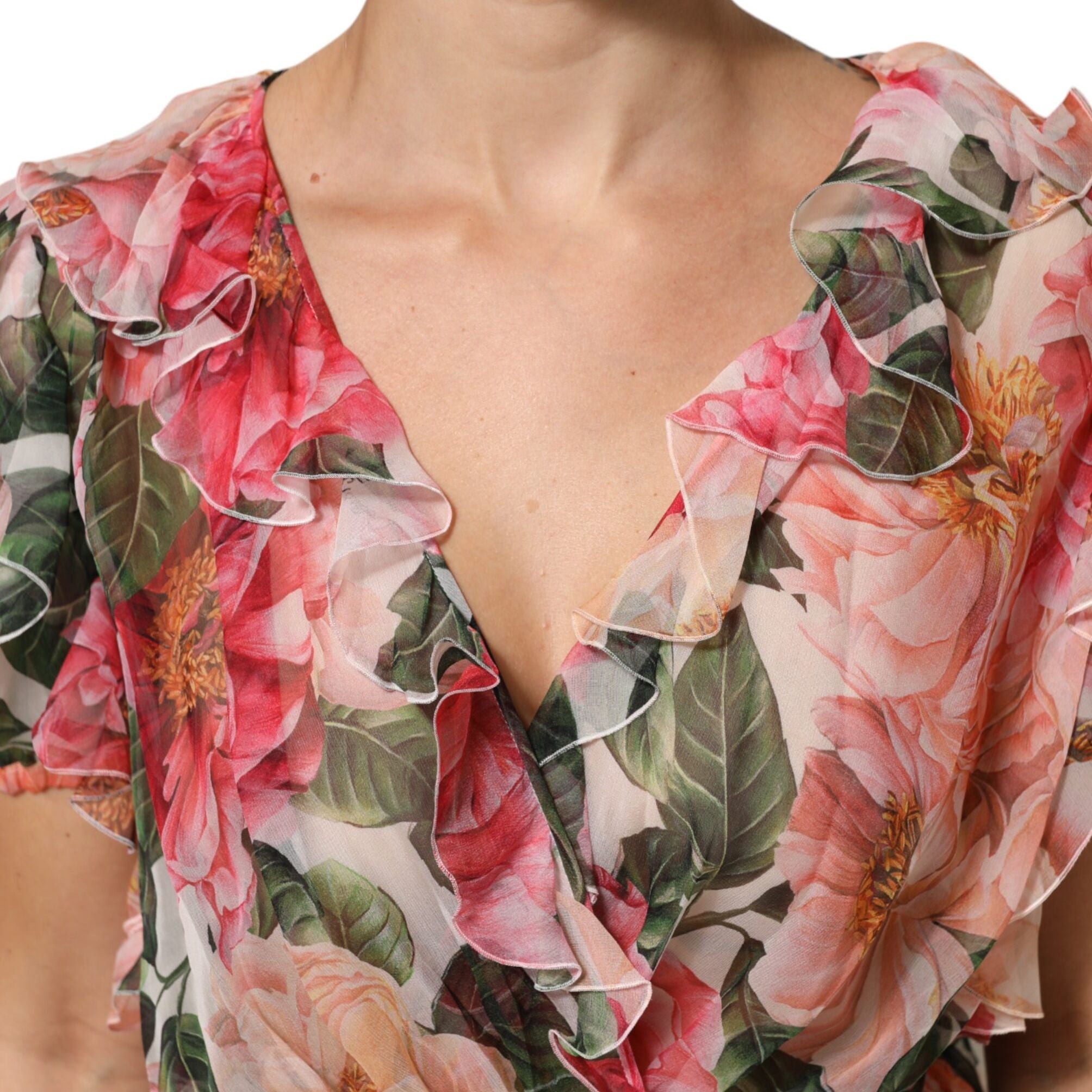 Dolce & Gabbana Pink Camellias Printed Silk V-neck Blouse Top