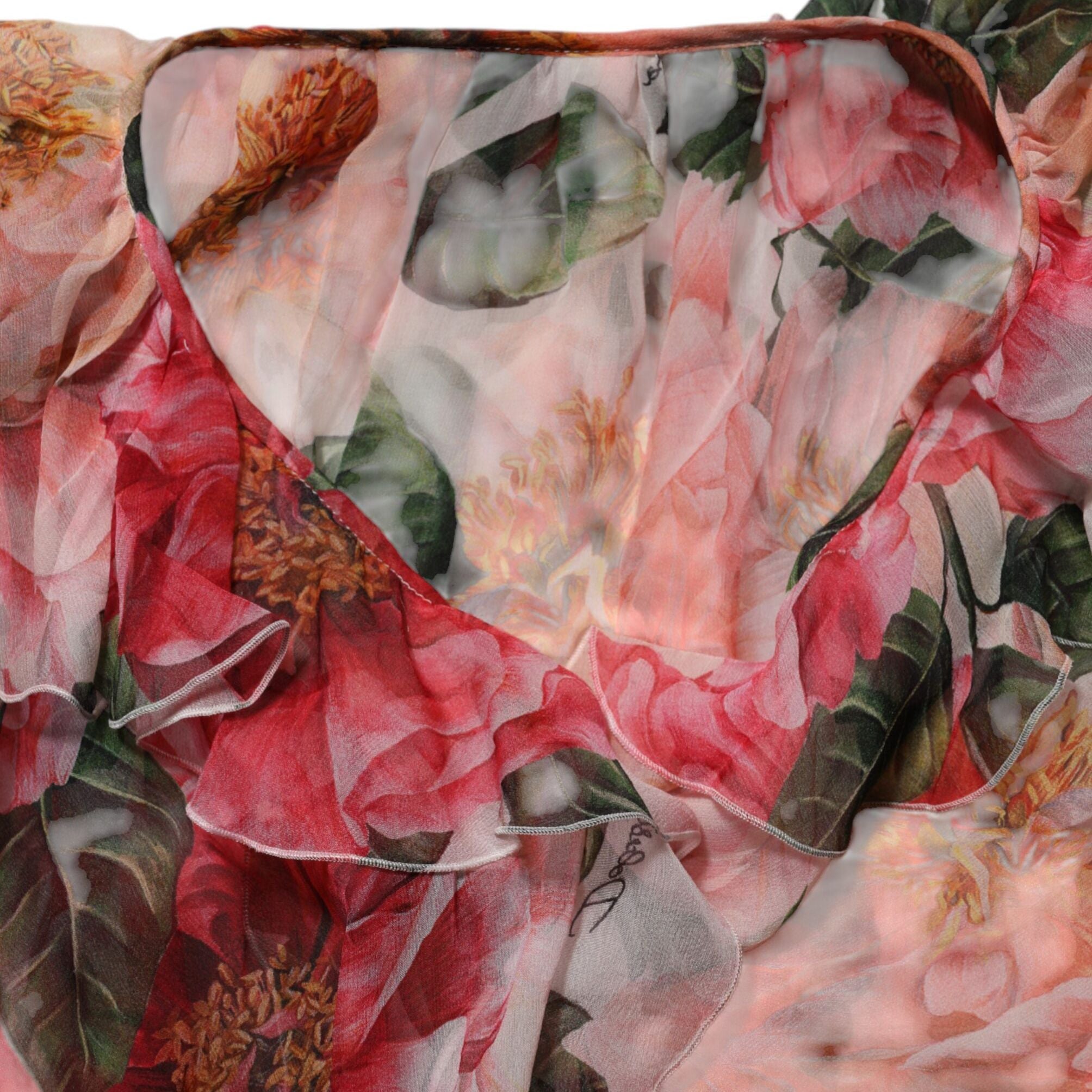 Dolce & Gabbana Pink Camellias Printed Silk V-neck Blouse Top