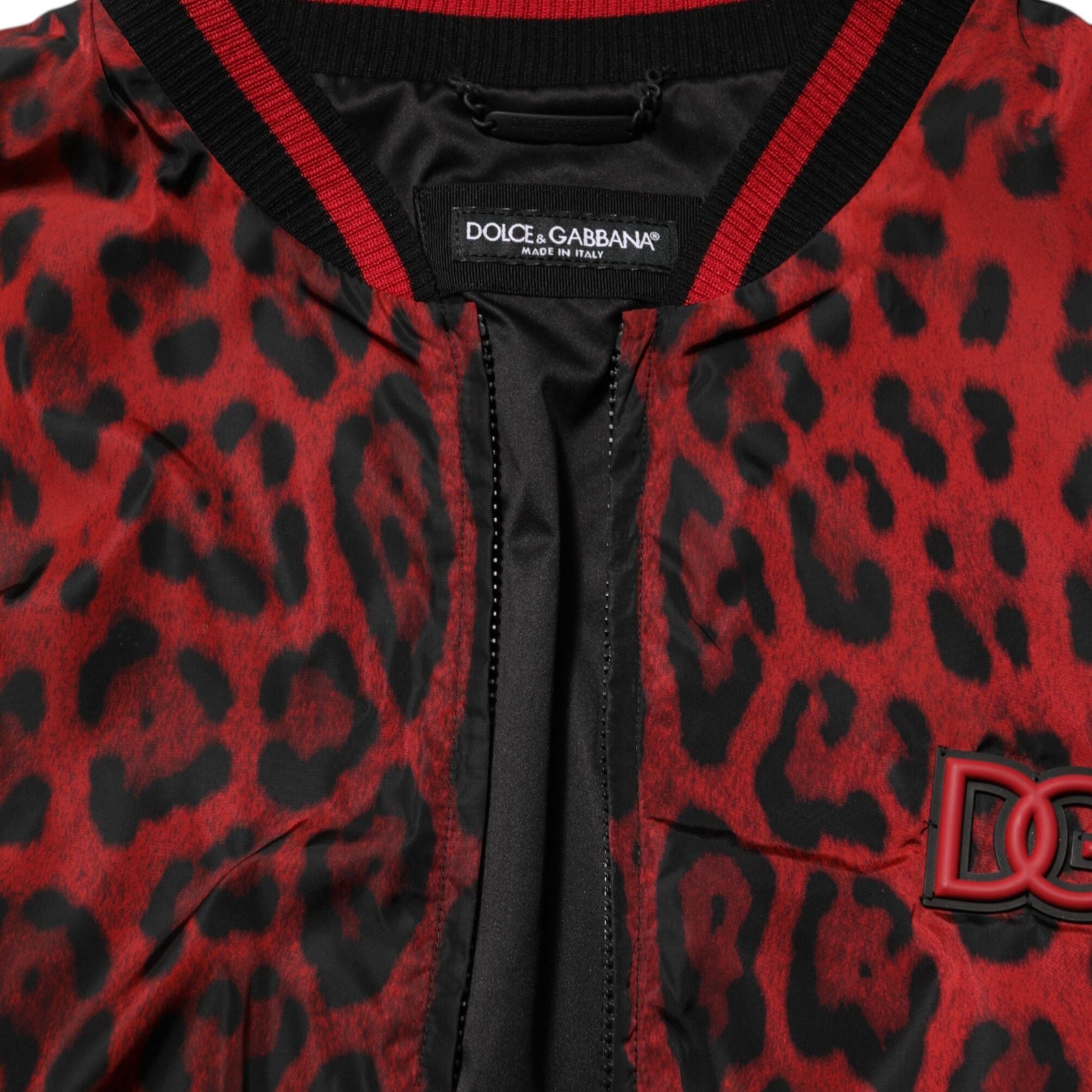 Dolce & Gabbana Red Leopard Print Full Zip Bomber Men Jacket