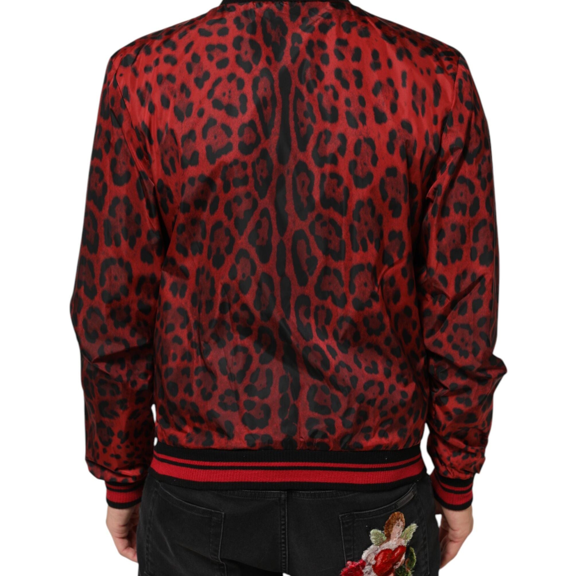 Dolce & Gabbana Red Leopard Print Full Zip Bomber Men Jacket