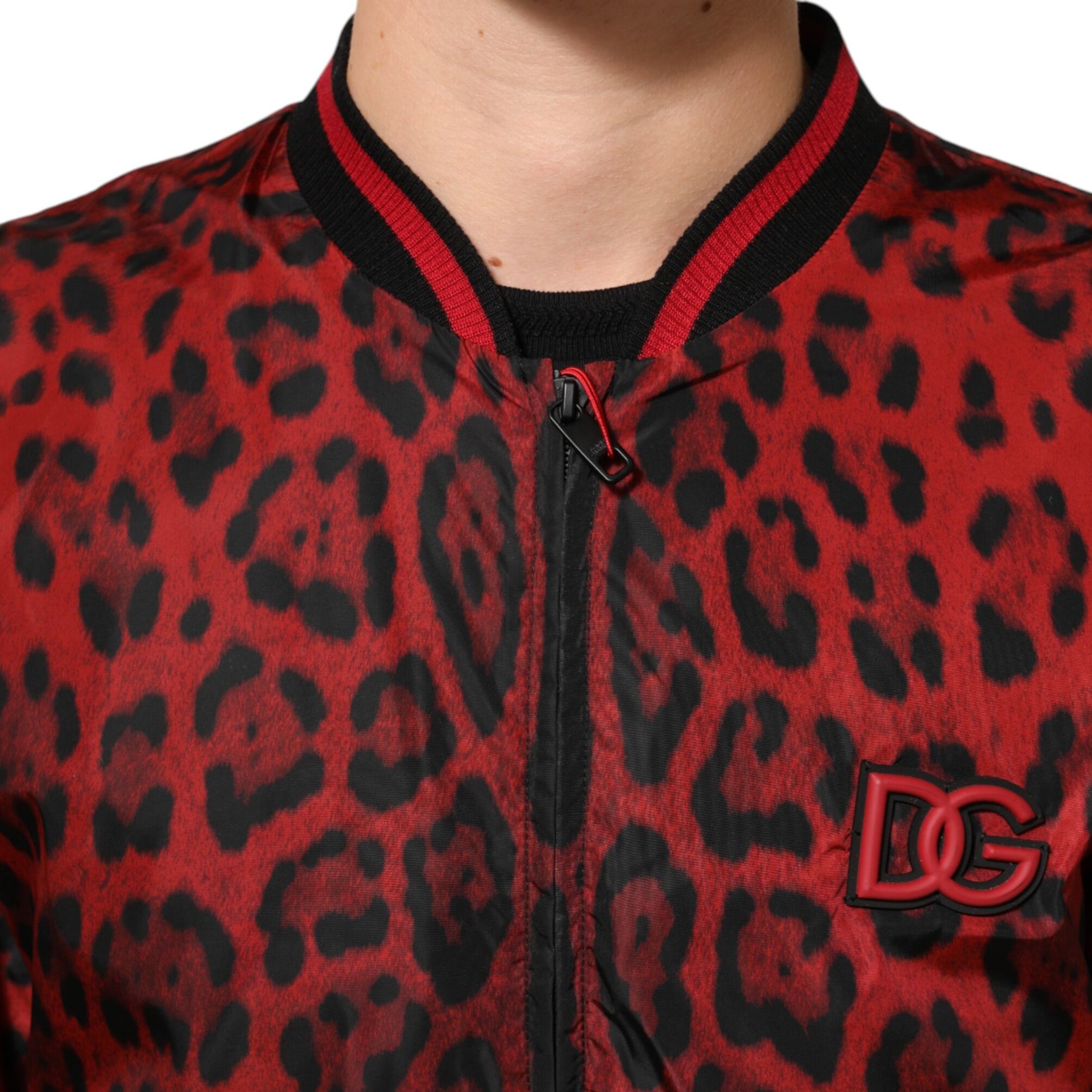 Dolce & Gabbana Red Leopard Print Full Zip Bomber Men Jacket