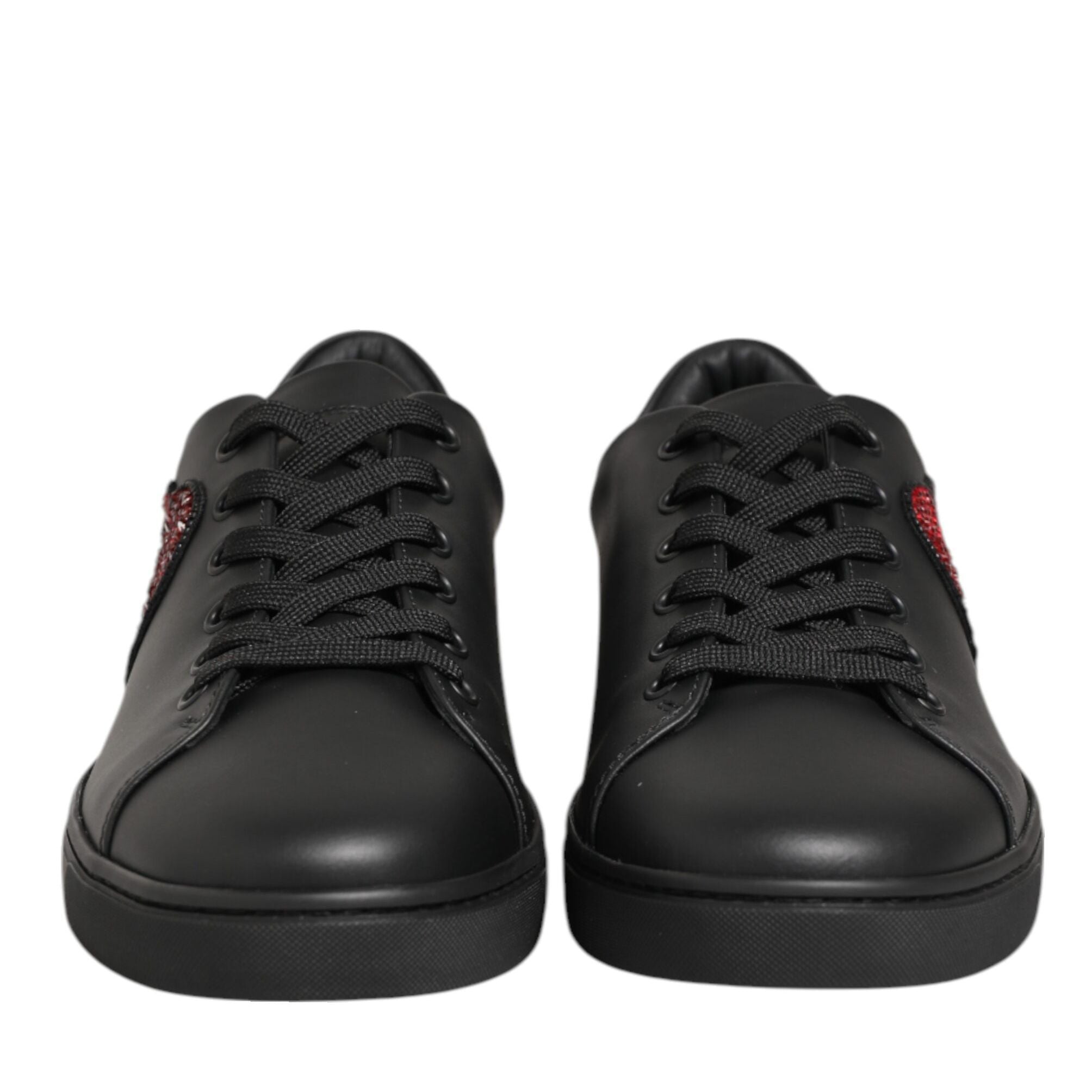 Dolce & Gabbana Black Leather Crystal Heart Sneakers Shoes