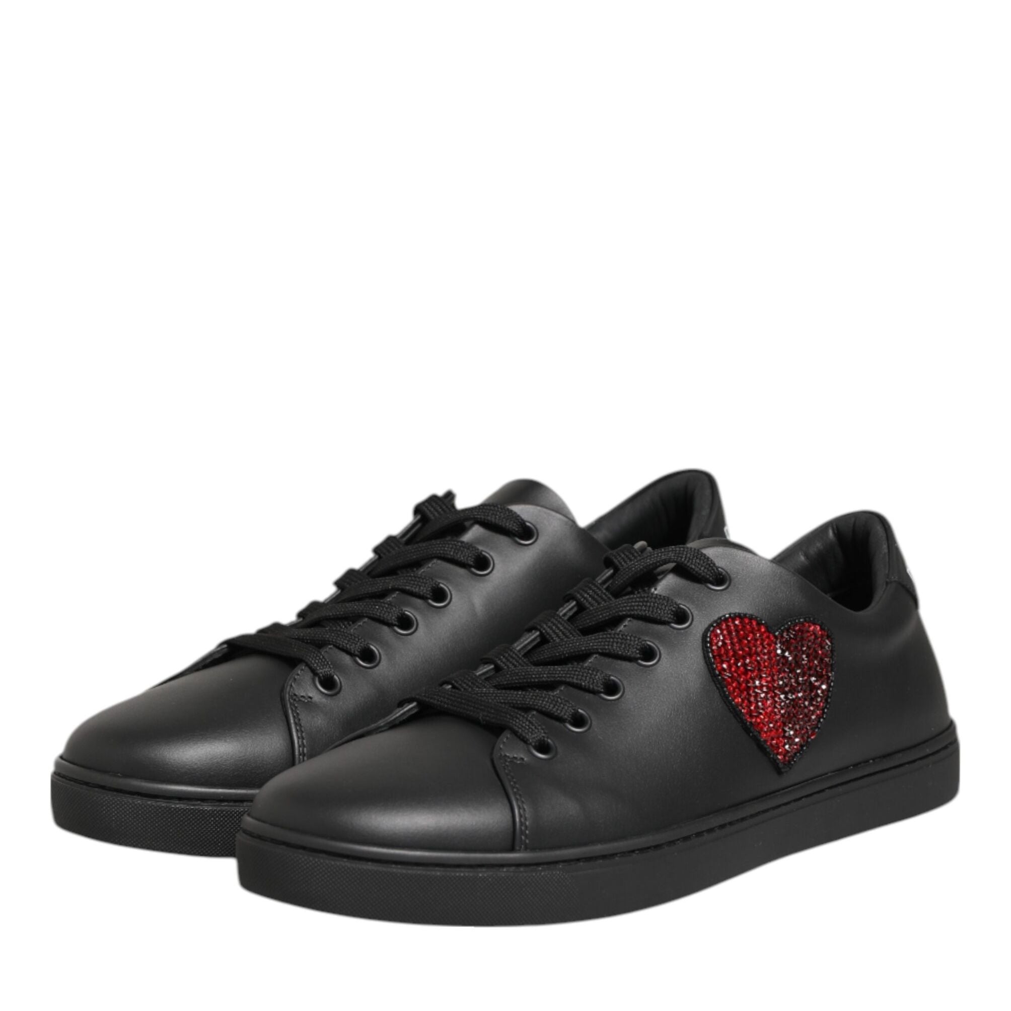 Dolce & Gabbana Black Leather Crystal Heart Sneakers Shoes