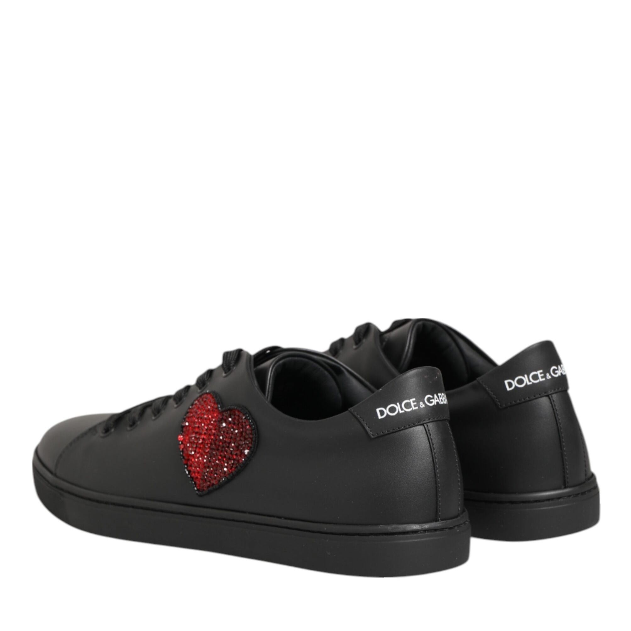 Dolce & Gabbana Black Leather Crystal Heart Sneakers Shoes