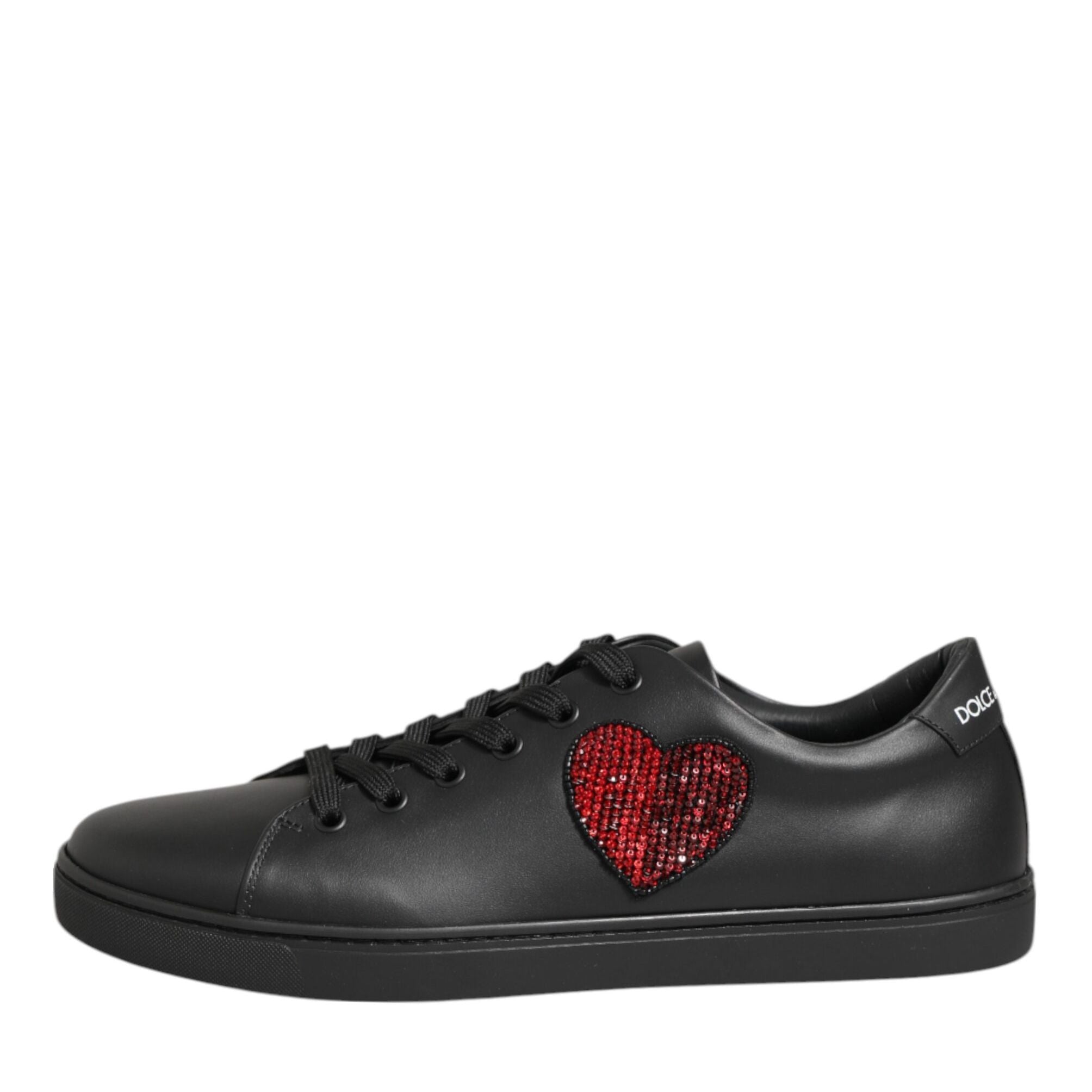Dolce & Gabbana Black Leather Crystal Heart Sneakers Shoes