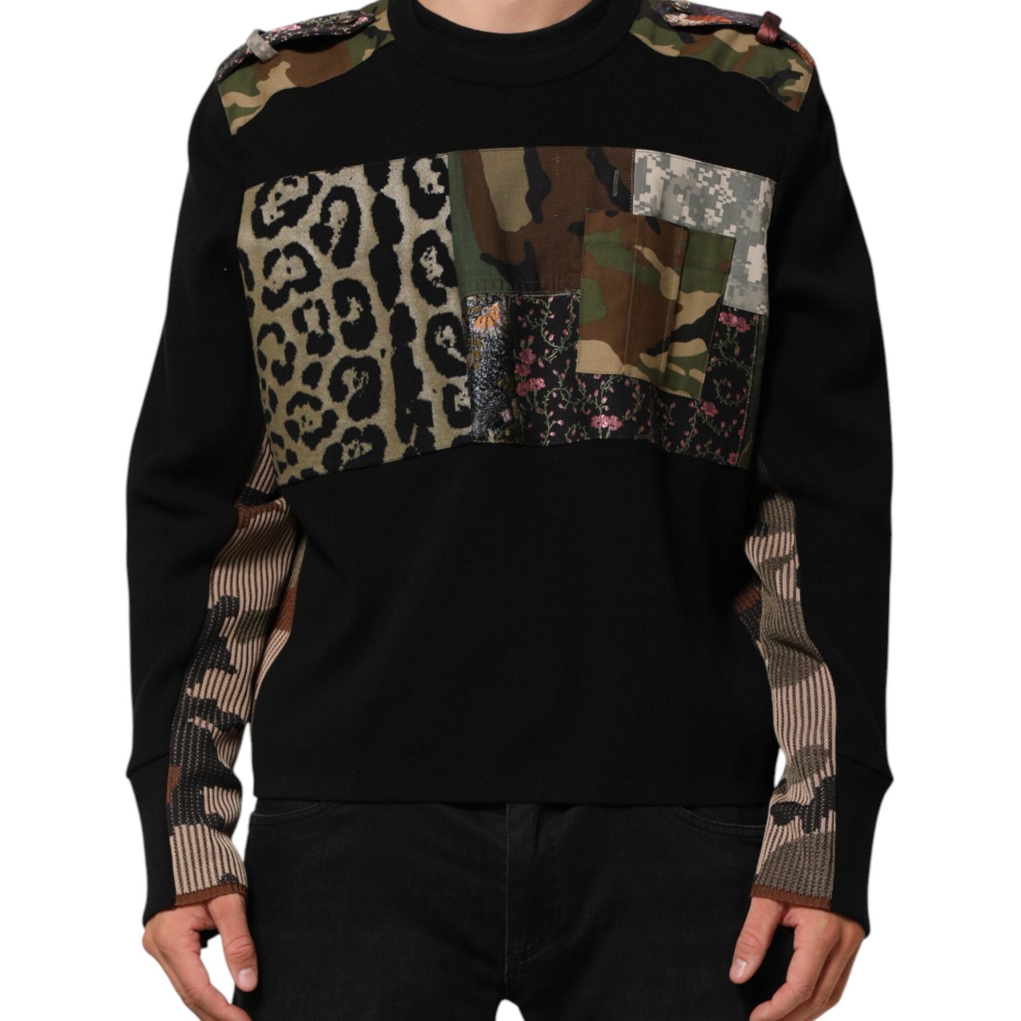 Dolce & Gabbana Black Patchwork Crew Neck Pullover Sweater
