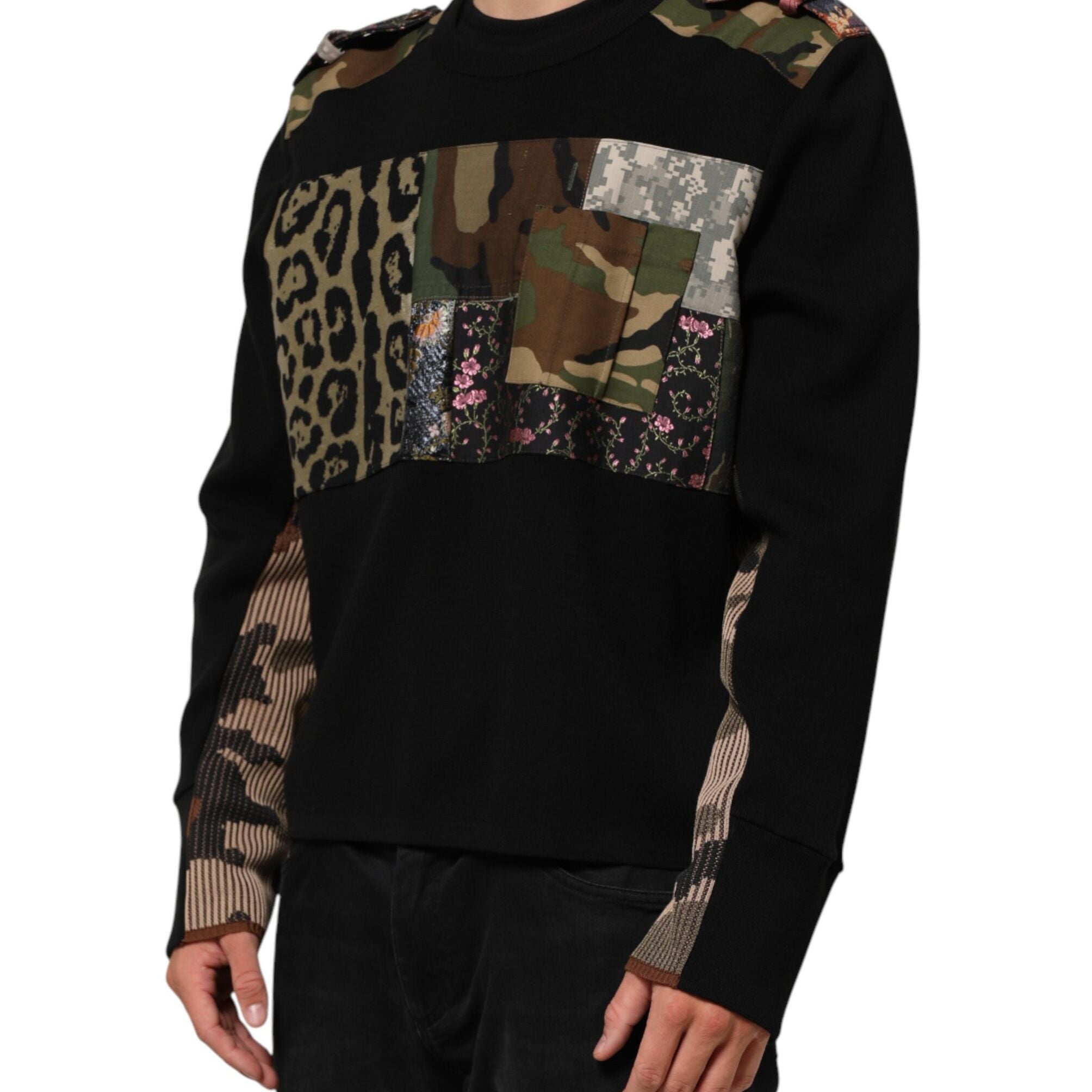 Dolce & Gabbana Black Patchwork Crew Neck Pullover Sweater
