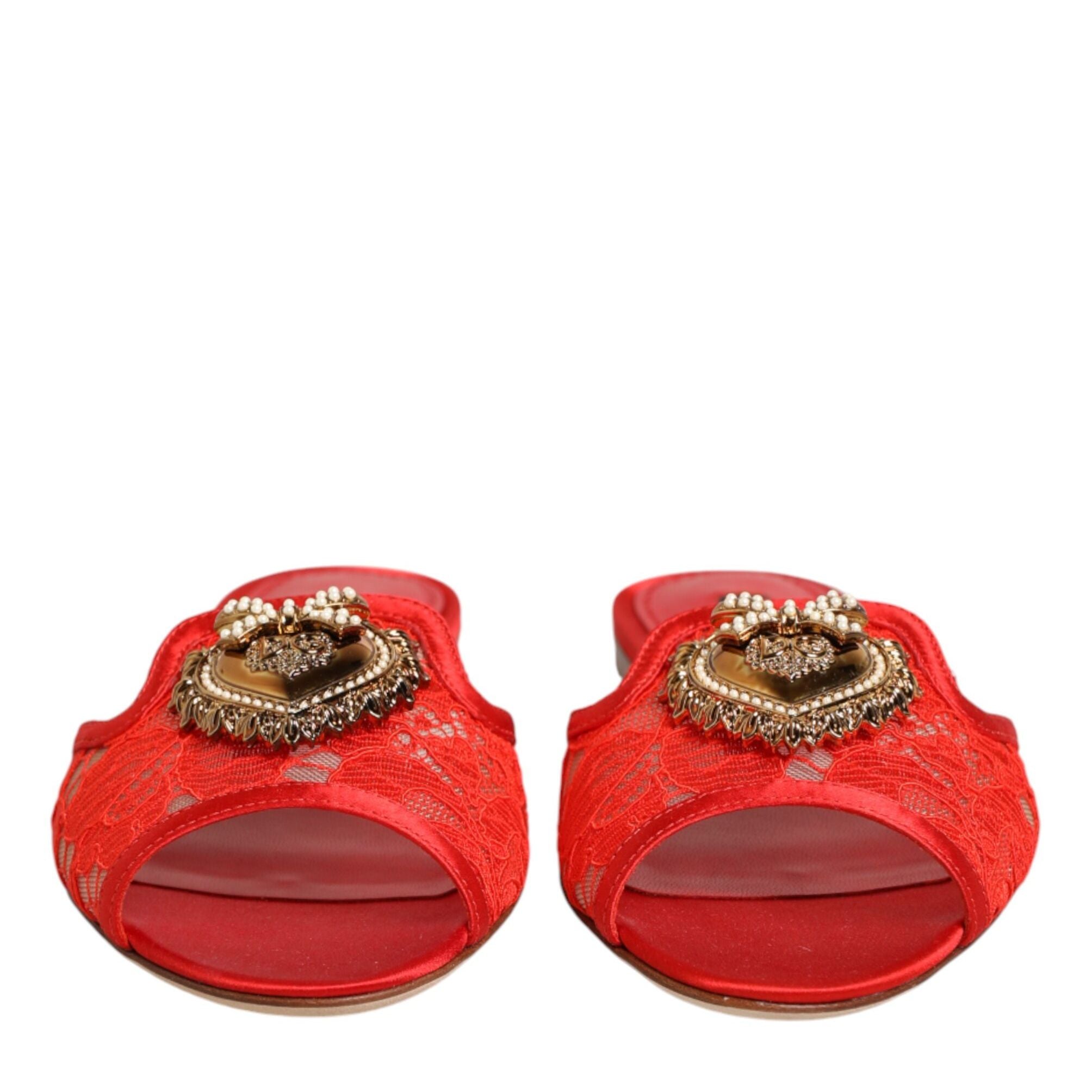 Dolce & Gabbana Red Devotion Lace Flats Slip On Sandals Shoes