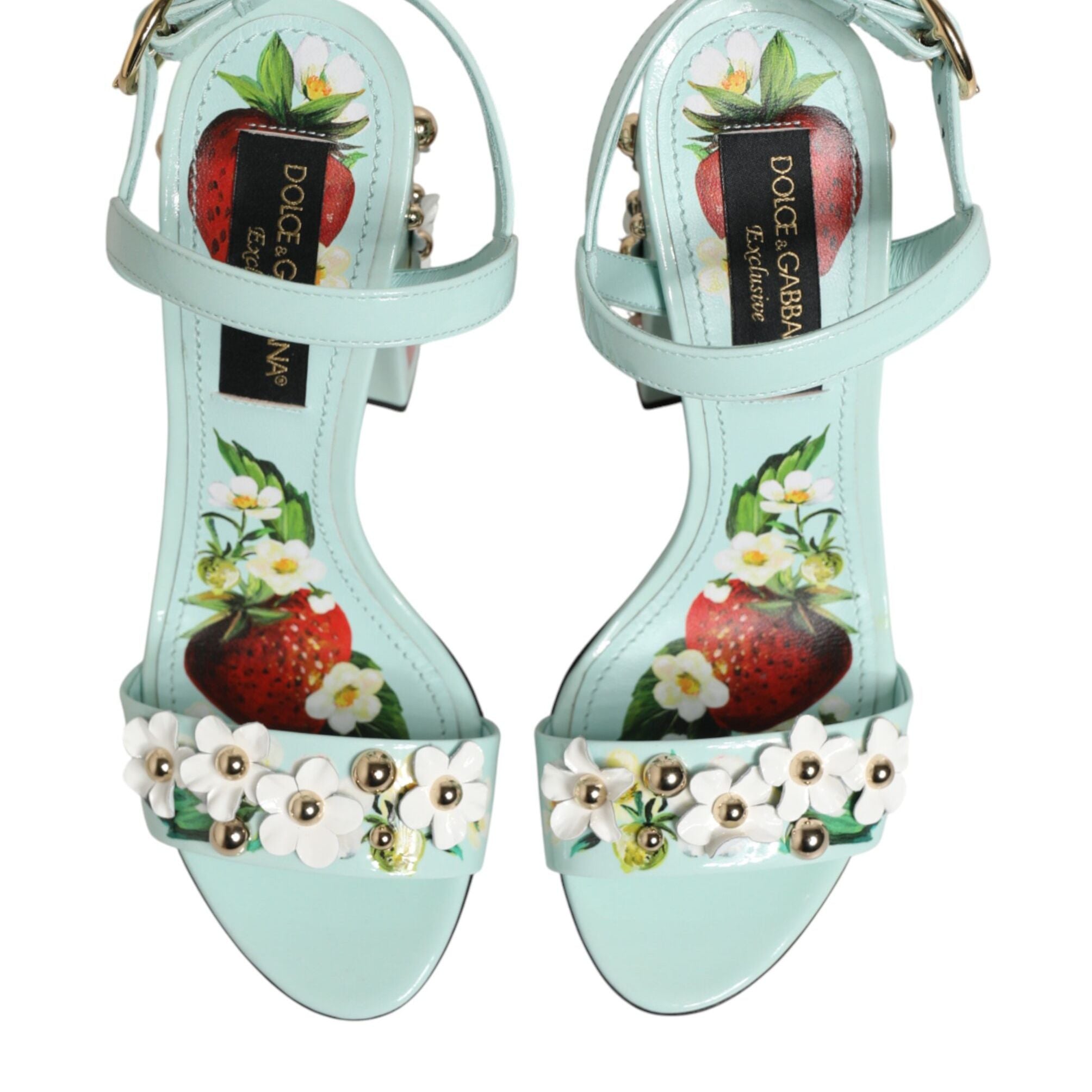 Dolce & Gabbana Mint Green Floral Studs Heels Sandals Shoes