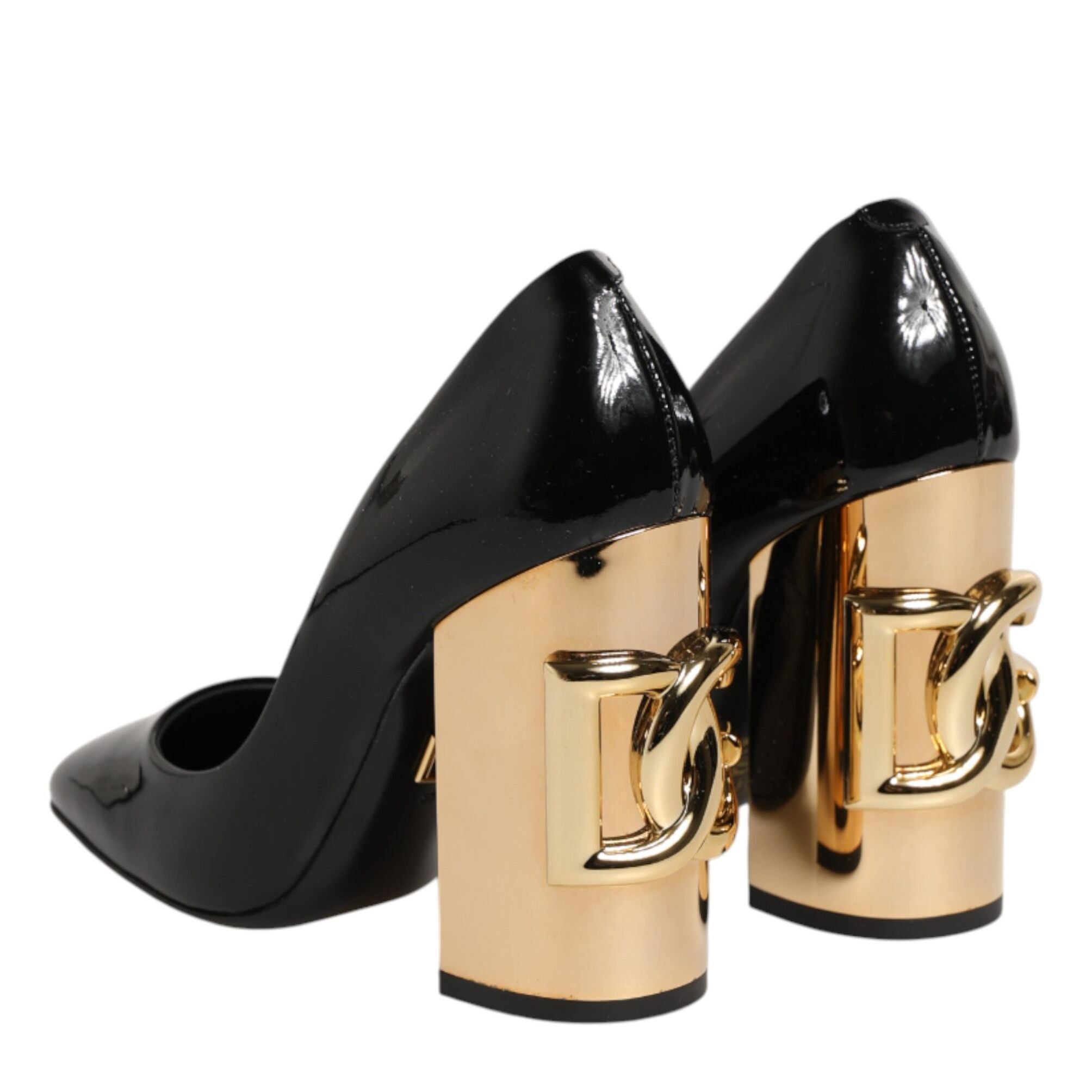 Dolce & Gabbana Black Gold Patent Leather Logo Heels Pumps Shoes