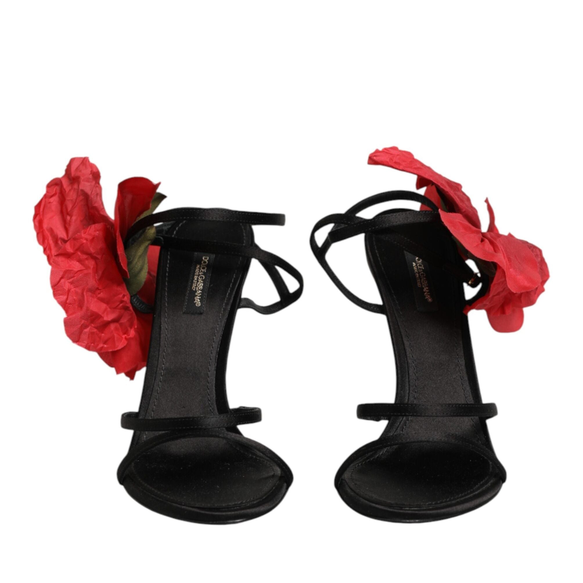 Dolce & Gabbana Black Leather Strappy Flower Heels Sandals Shoes