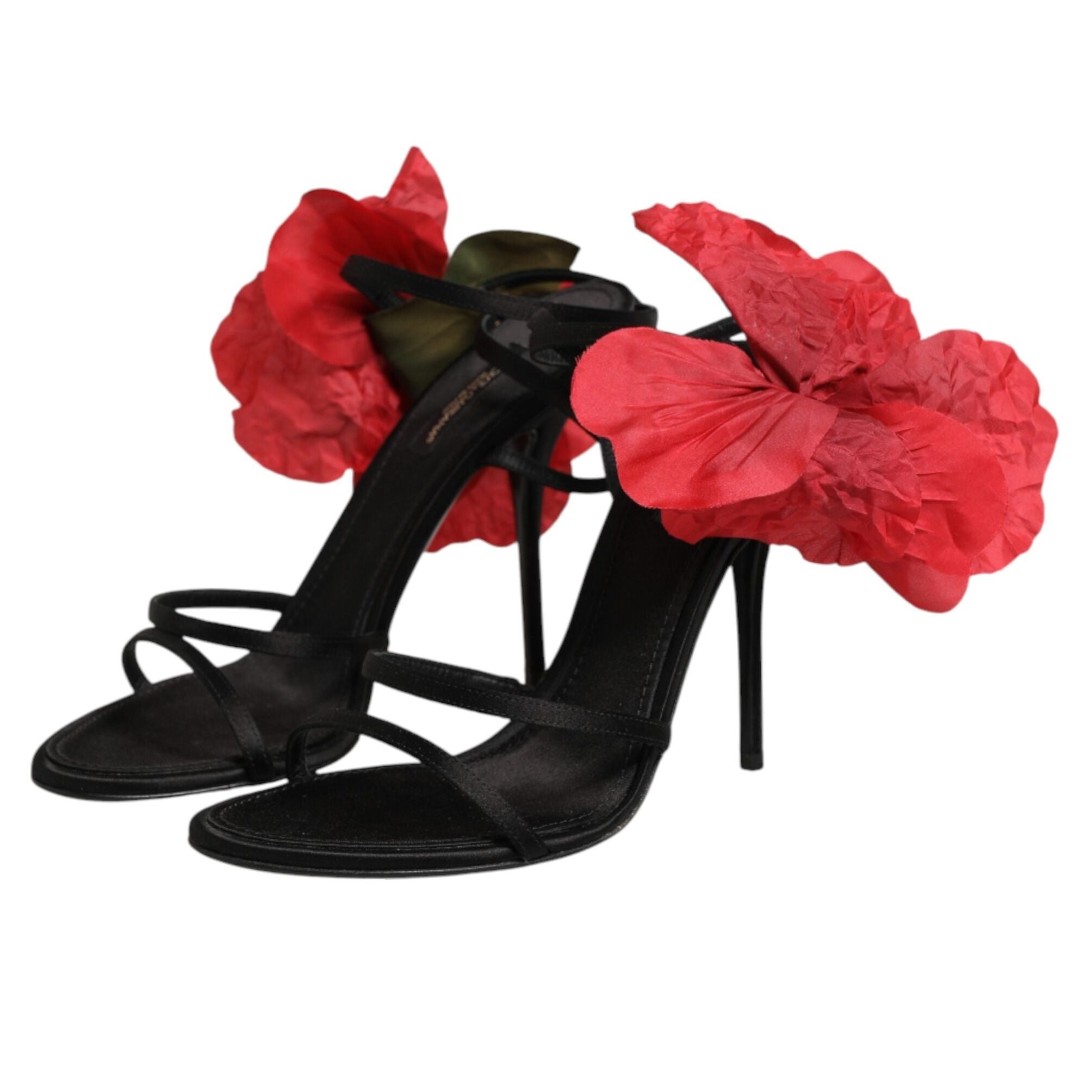 Dolce & Gabbana Black Leather Strappy Flower Heels Sandals Shoes