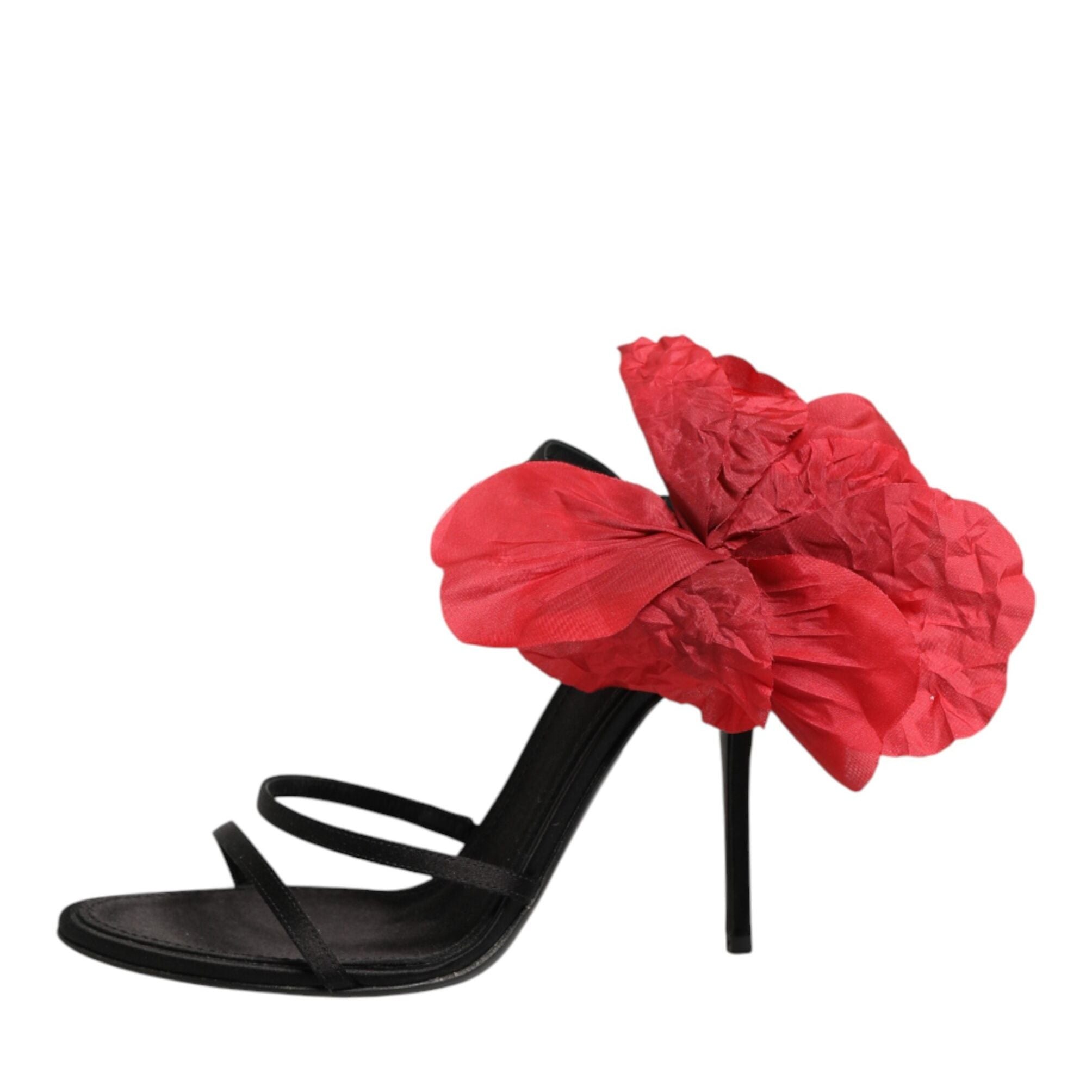 Dolce & Gabbana Black Leather Strappy Flower Heels Sandals Shoes