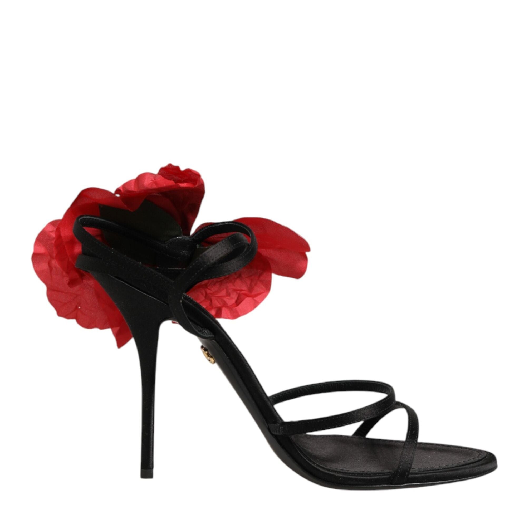 Dolce & Gabbana Black Leather Strappy Flower Heels Sandals Shoes
