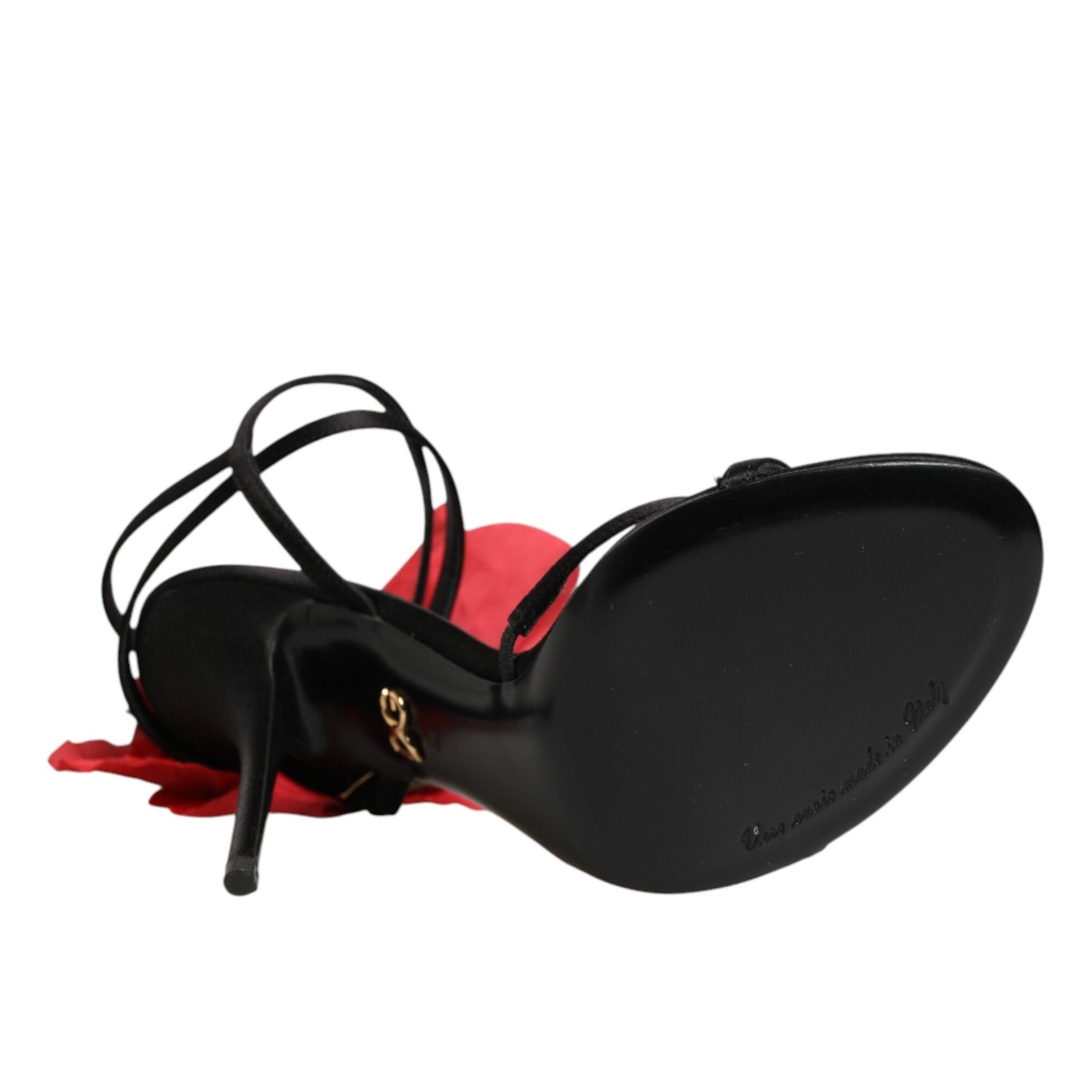Dolce & Gabbana Black Leather Strappy Flower Heels Sandals Shoes