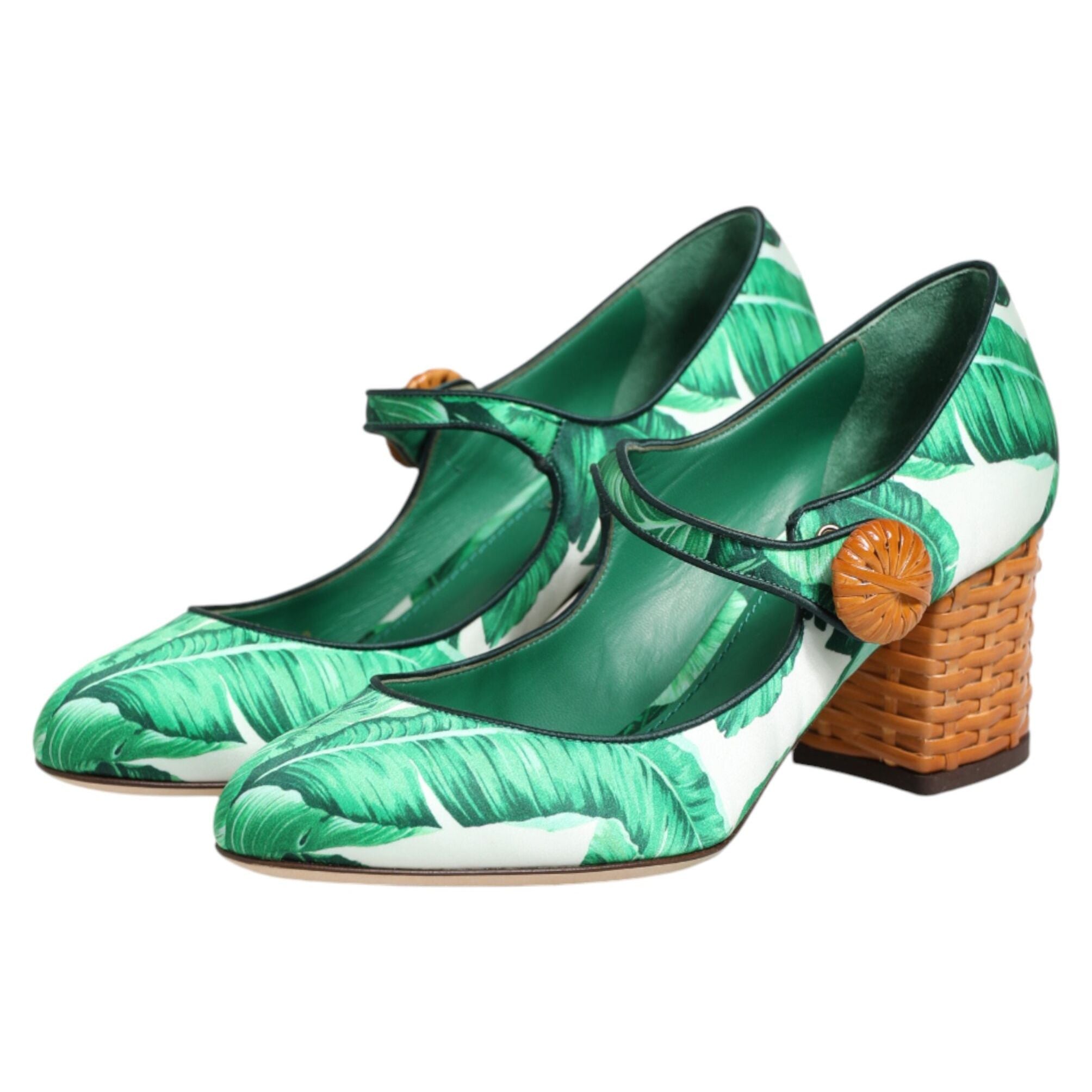 Dolce & Gabbana Green Silk MARY JANES Leaf Sandals Shoes