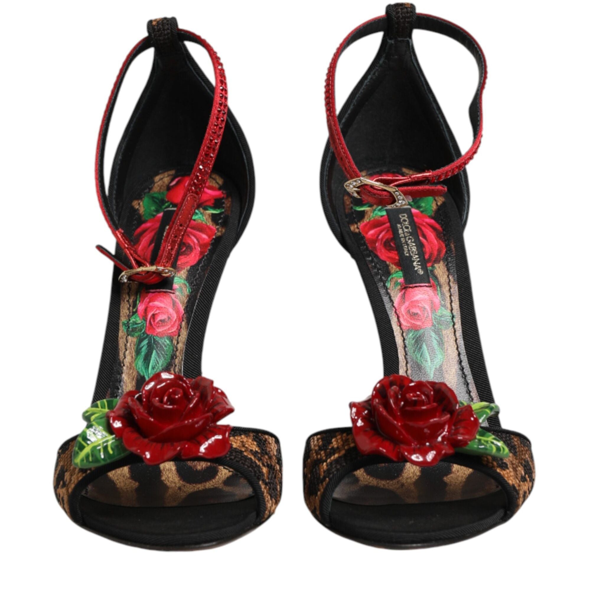 Dolce & Gabbana Brown Leopard Crystal Roses Sandals Shoes