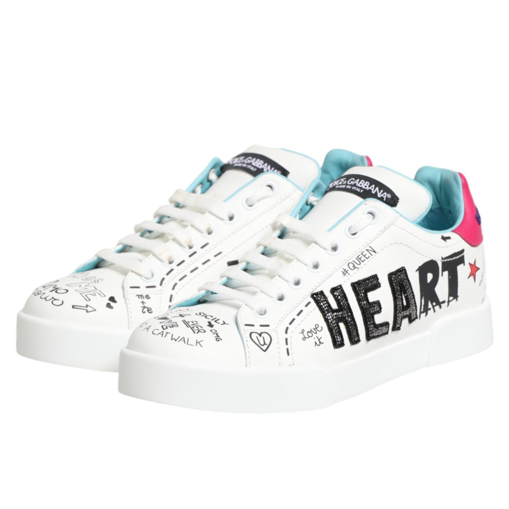Dolce & Gabbana White Leather Graffiti Low Top Sneakers Shoes