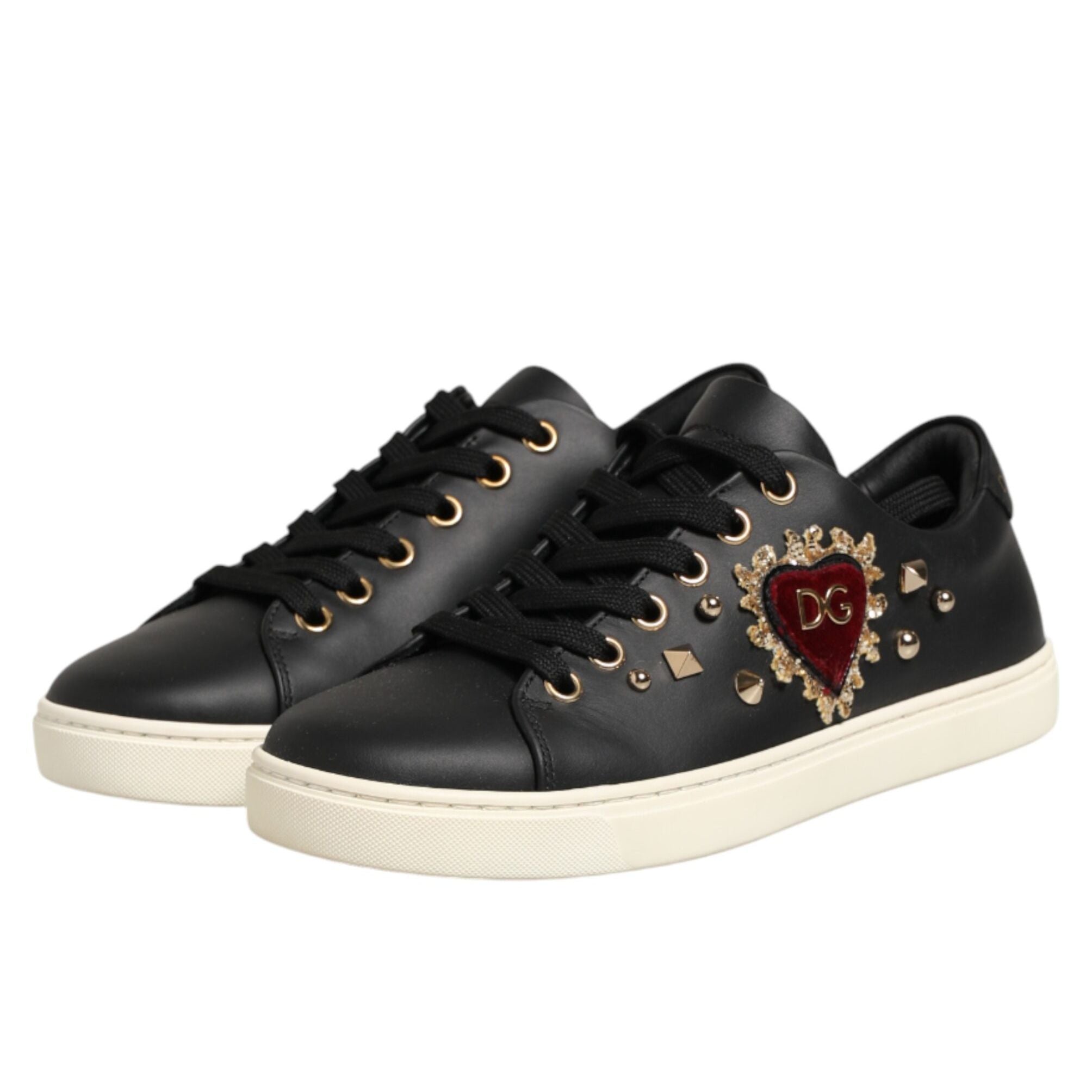 Dolce & Gabbana Black Leather Sacred Heart Sneakers Shoes