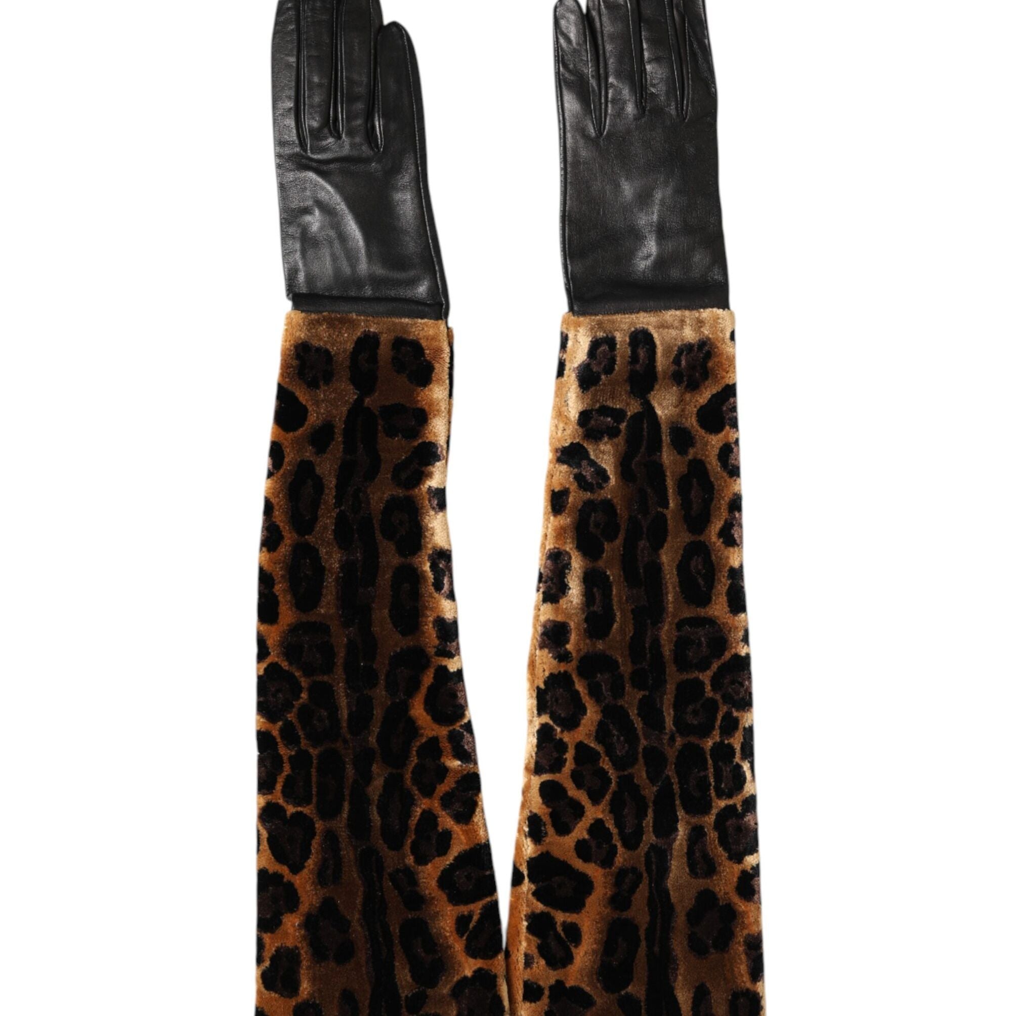 Dolce & Gabbana Brown Black Leopard Leather Elbow Length Mitten Gloves