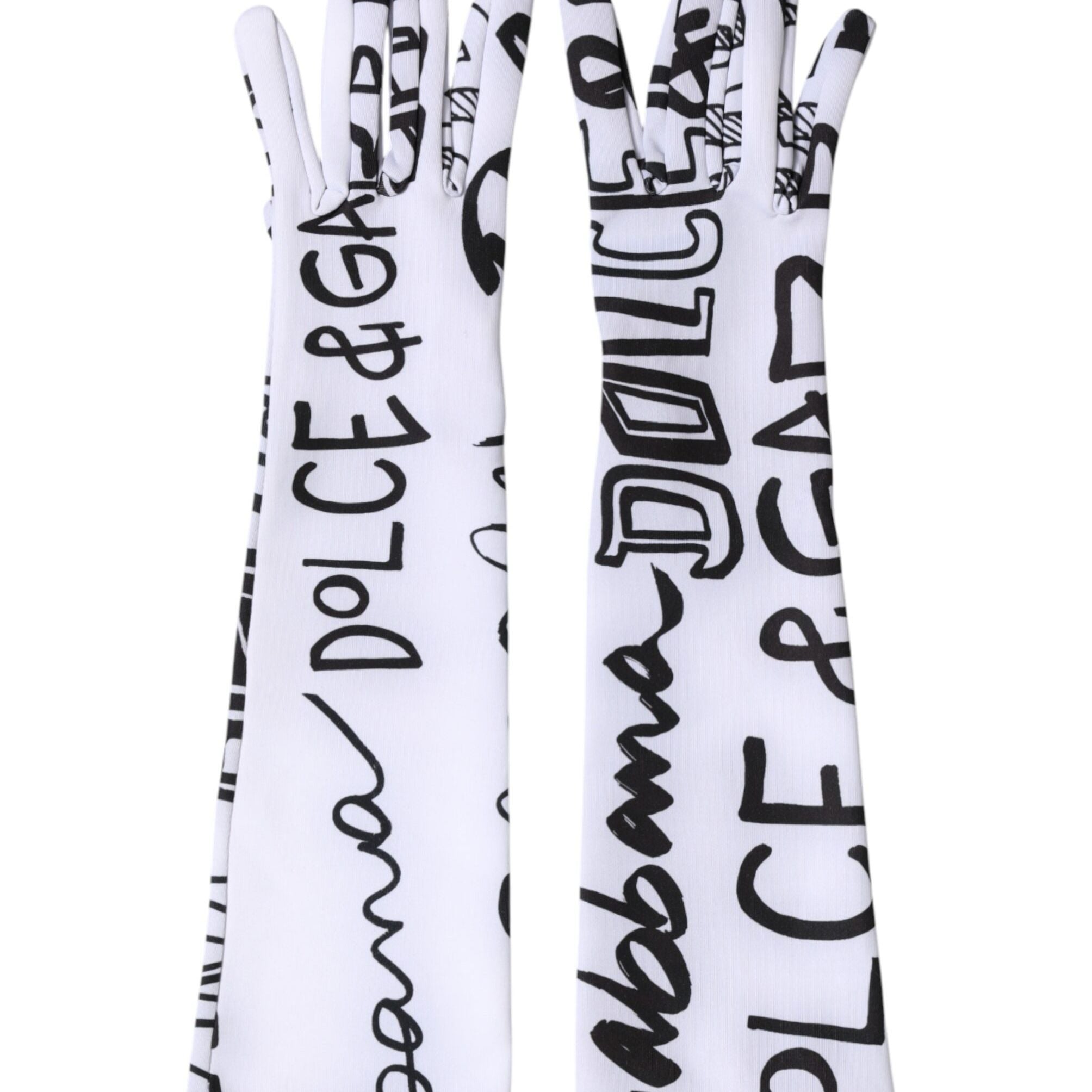 Dolce & Gabbana Black White DG Logo Elbow Length Mitten Gloves