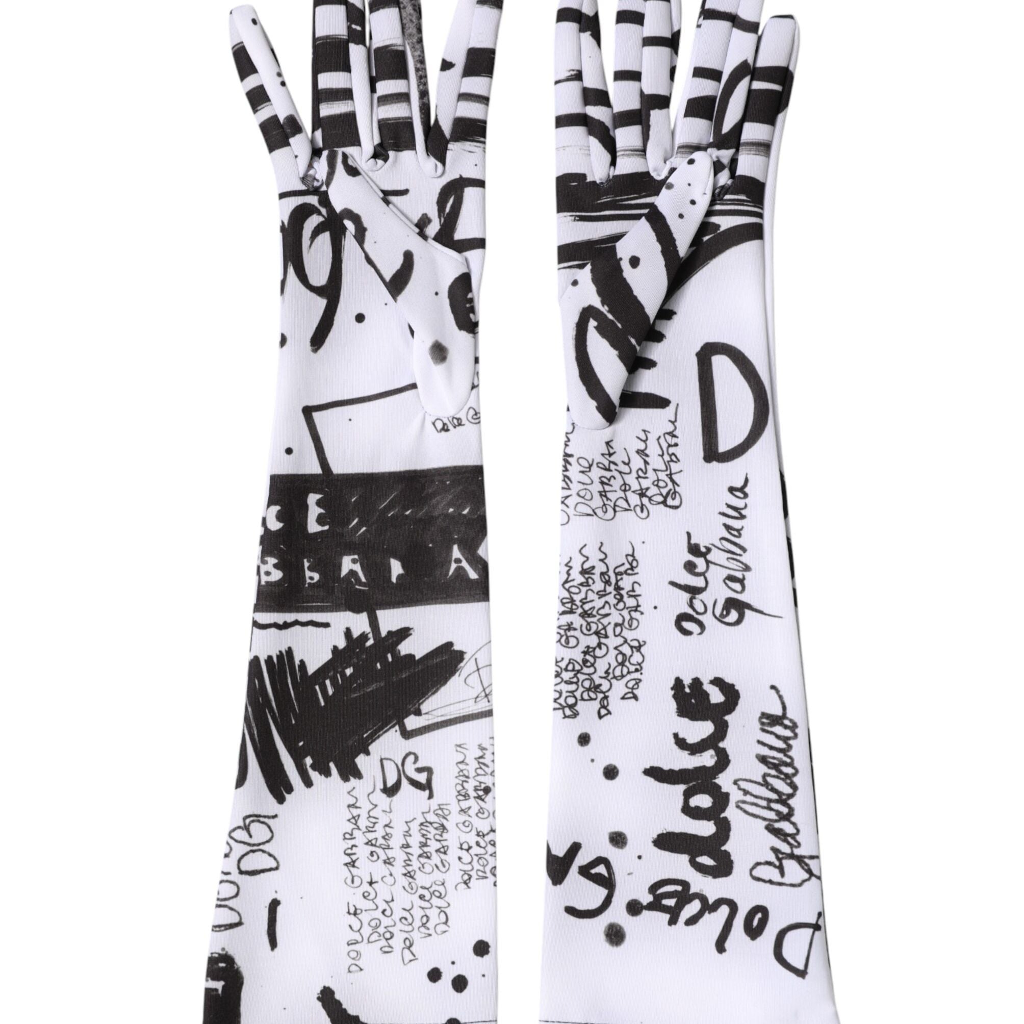 Dolce & Gabbana Black White DG Logo Elbow Length Mitten Gloves