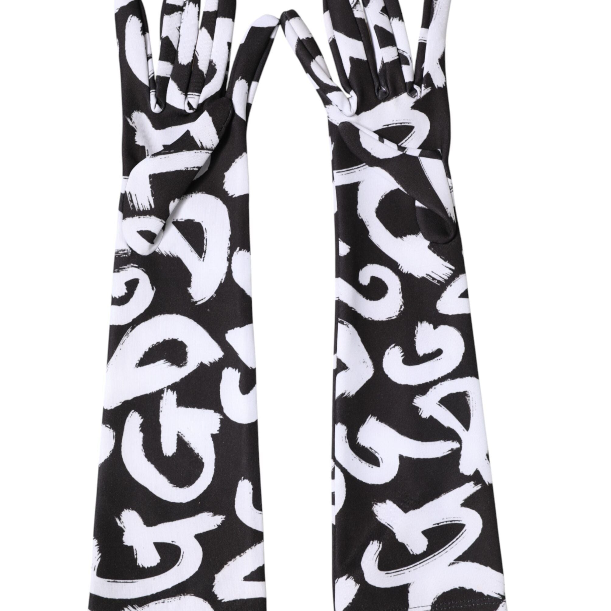Dolce & Gabbana Black White DG Logo Elbow Length Mitten Gloves