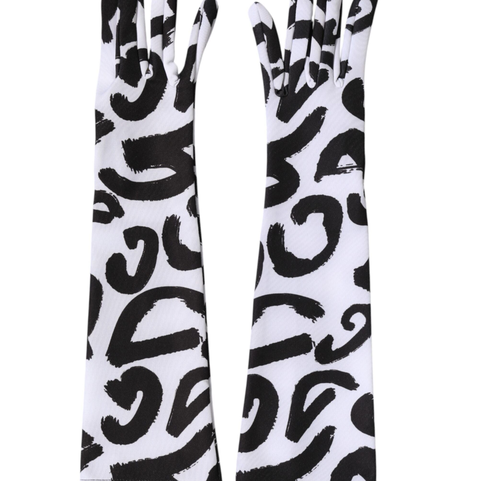 Dolce & Gabbana Black White DG Logo Elbow Length Mitten Gloves