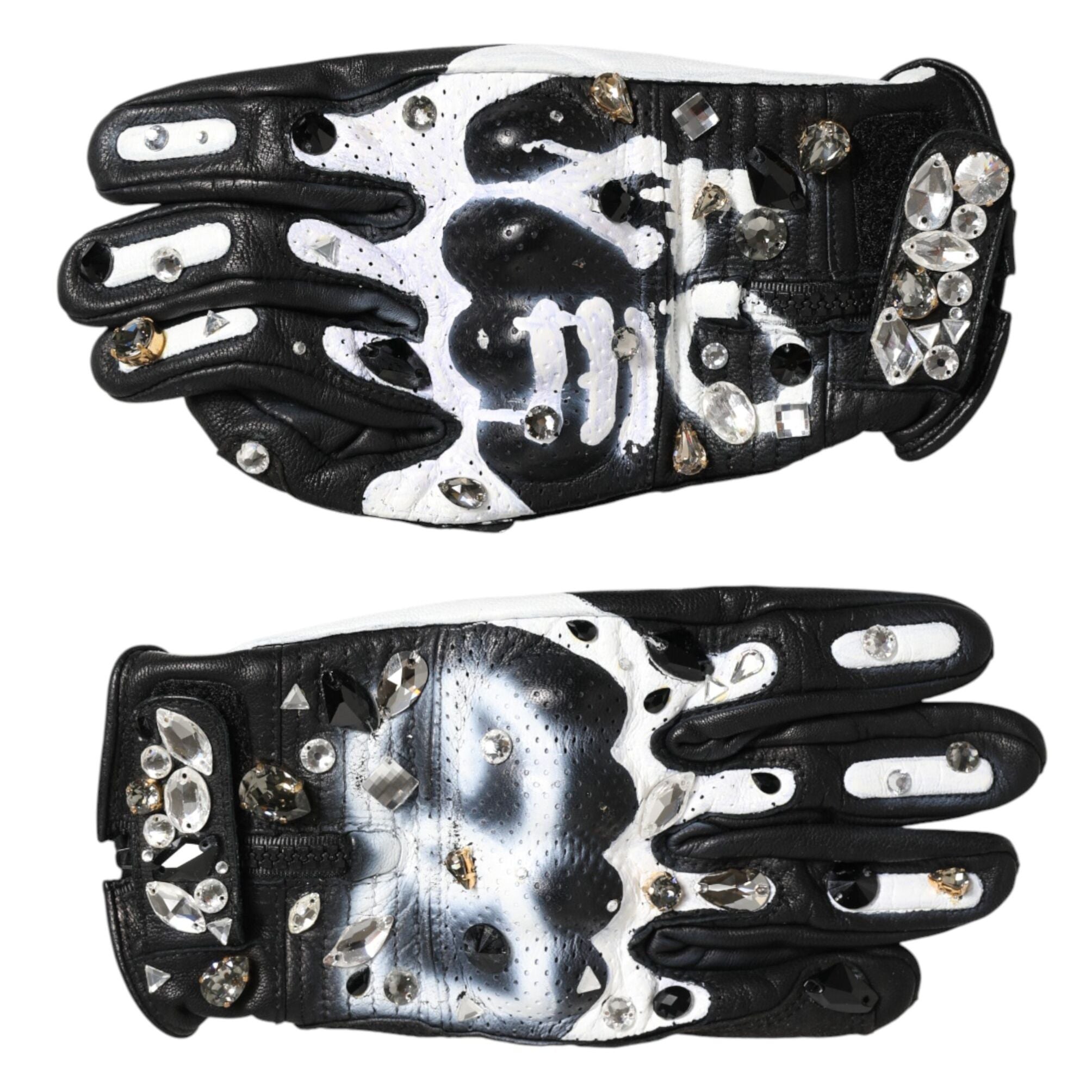 Dolce & Gabbana Gloves Black White Crystal Wrist Length Mitten Gloves