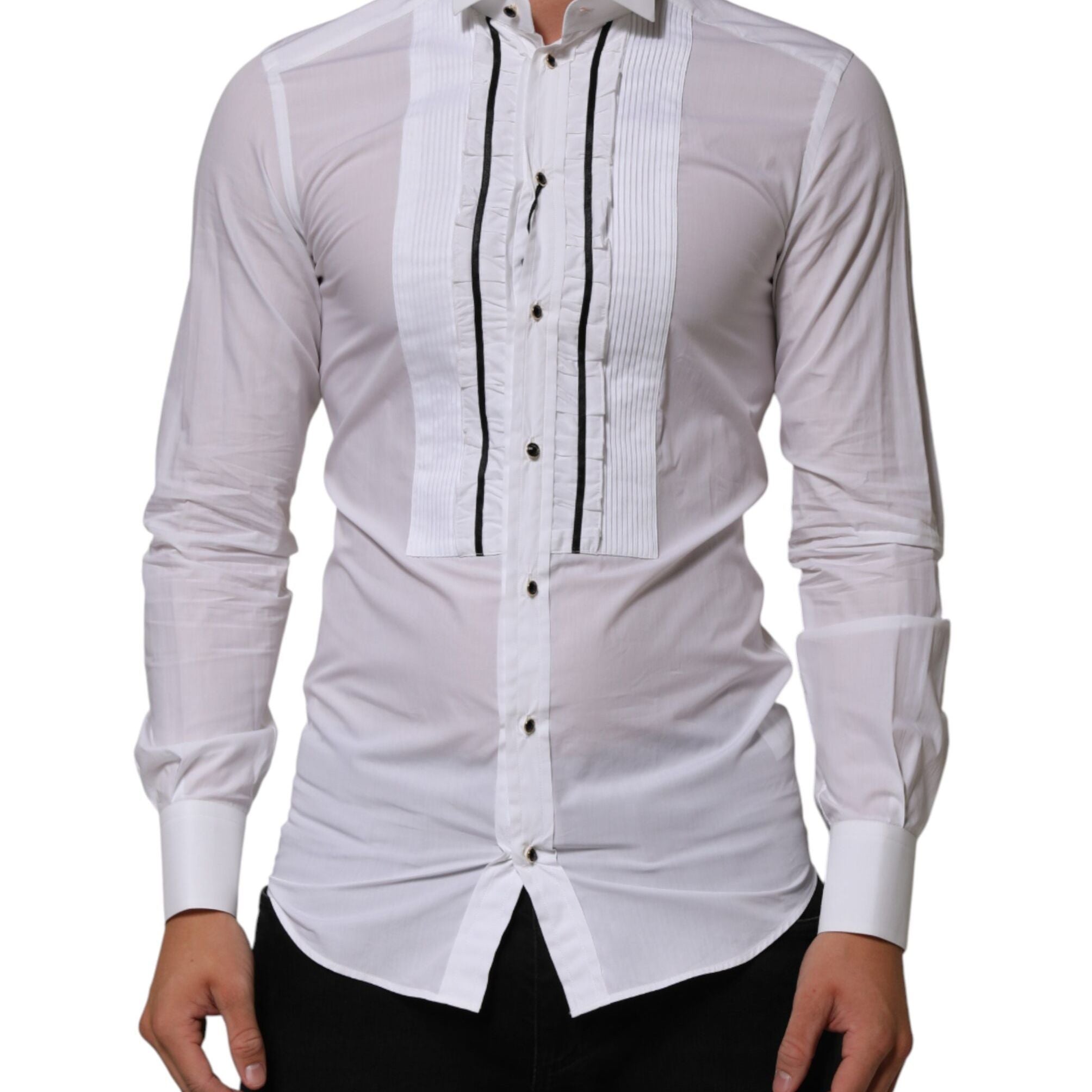 Dolce & Gabbana White Cotton Collared Long Sleeve GOLD Dress Shirt