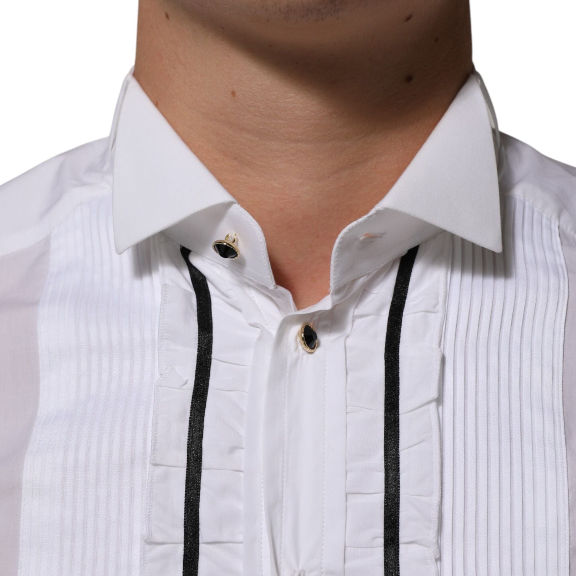 Dolce & Gabbana White Cotton Collared Long Sleeve GOLD Dress Shirt