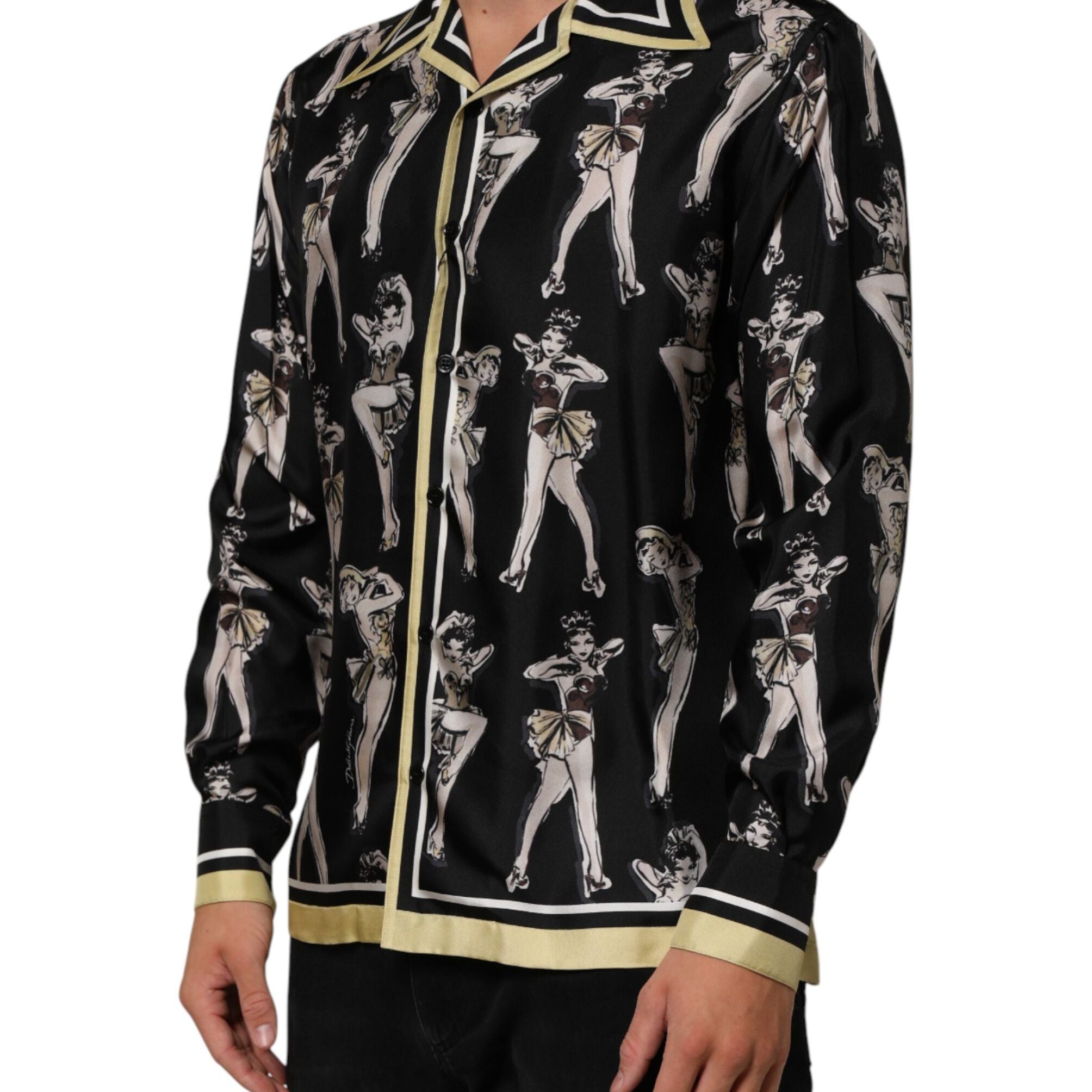 Dolce & Gabbana Black Silk Pin Up Printed Button Down Shirt