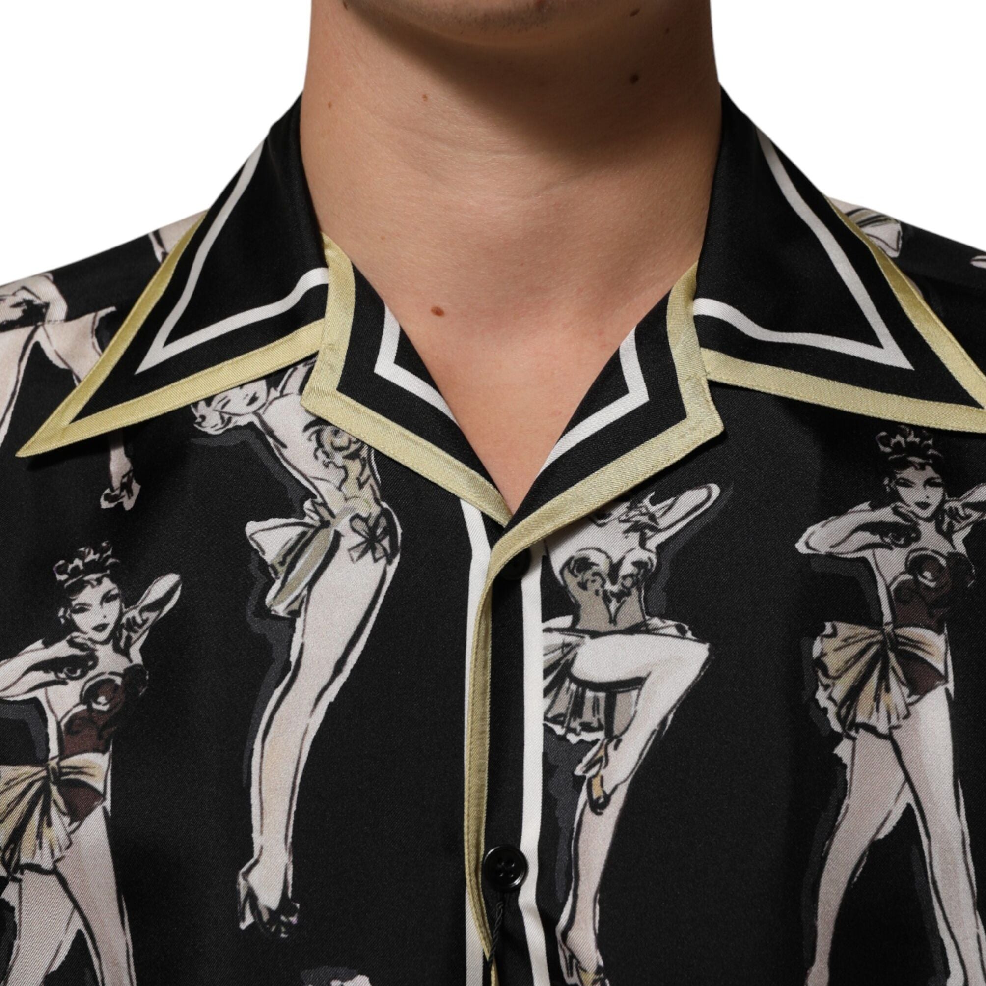 Dolce & Gabbana Black Silk Pin Up Printed Button Down Shirt