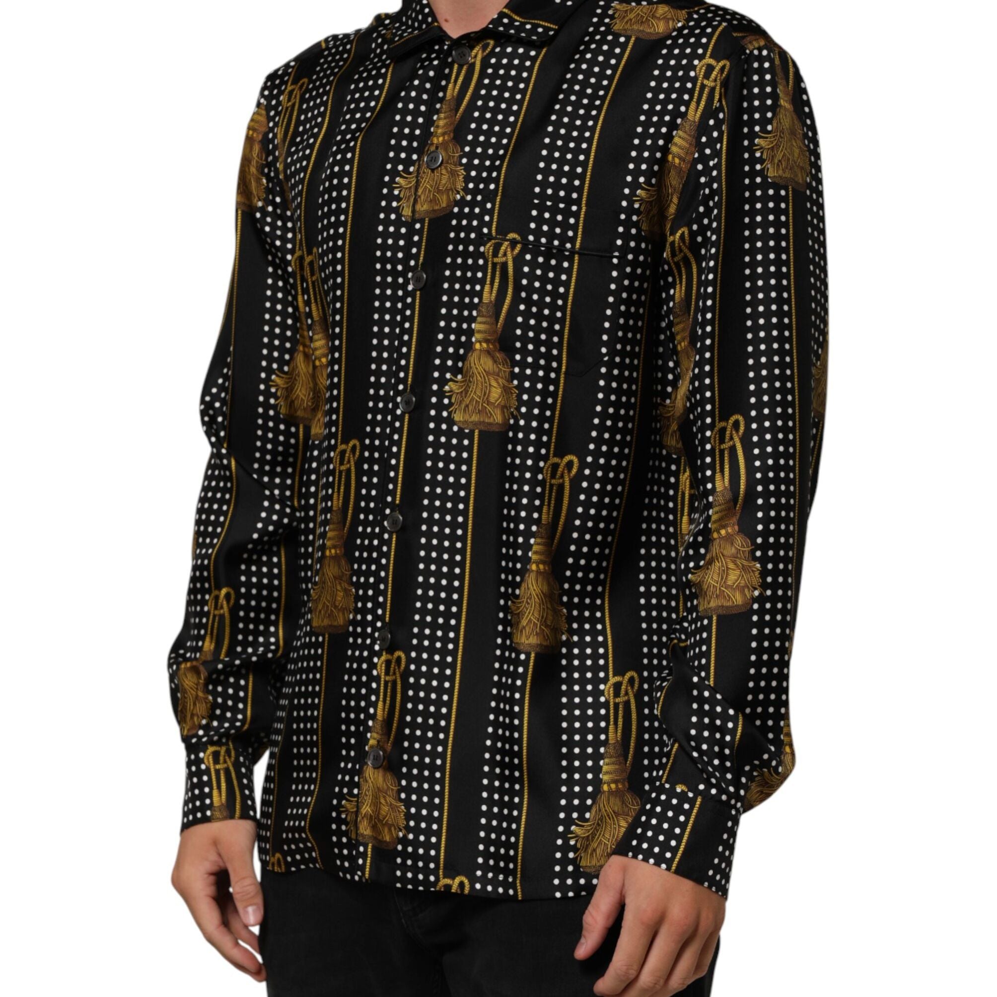 Dolce & Gabbana Black Dotted Tassel Silk Button Down Shirt