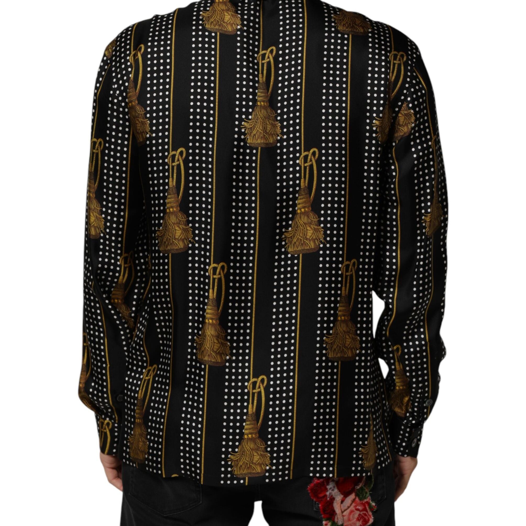 Dolce & Gabbana Black Dotted Tassel Silk Button Down Shirt