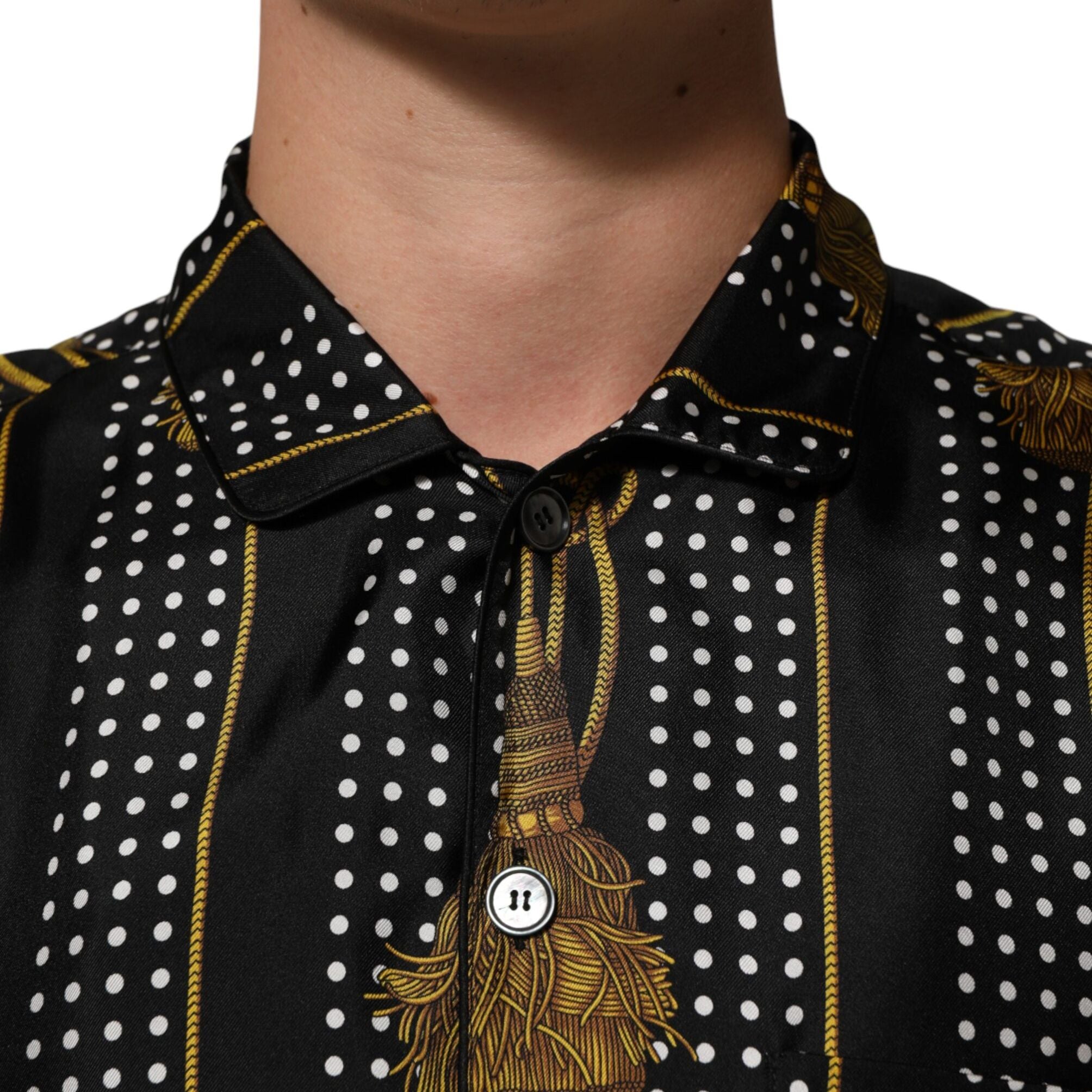 Dolce & Gabbana Black Dotted Tassel Silk Button Down Shirt