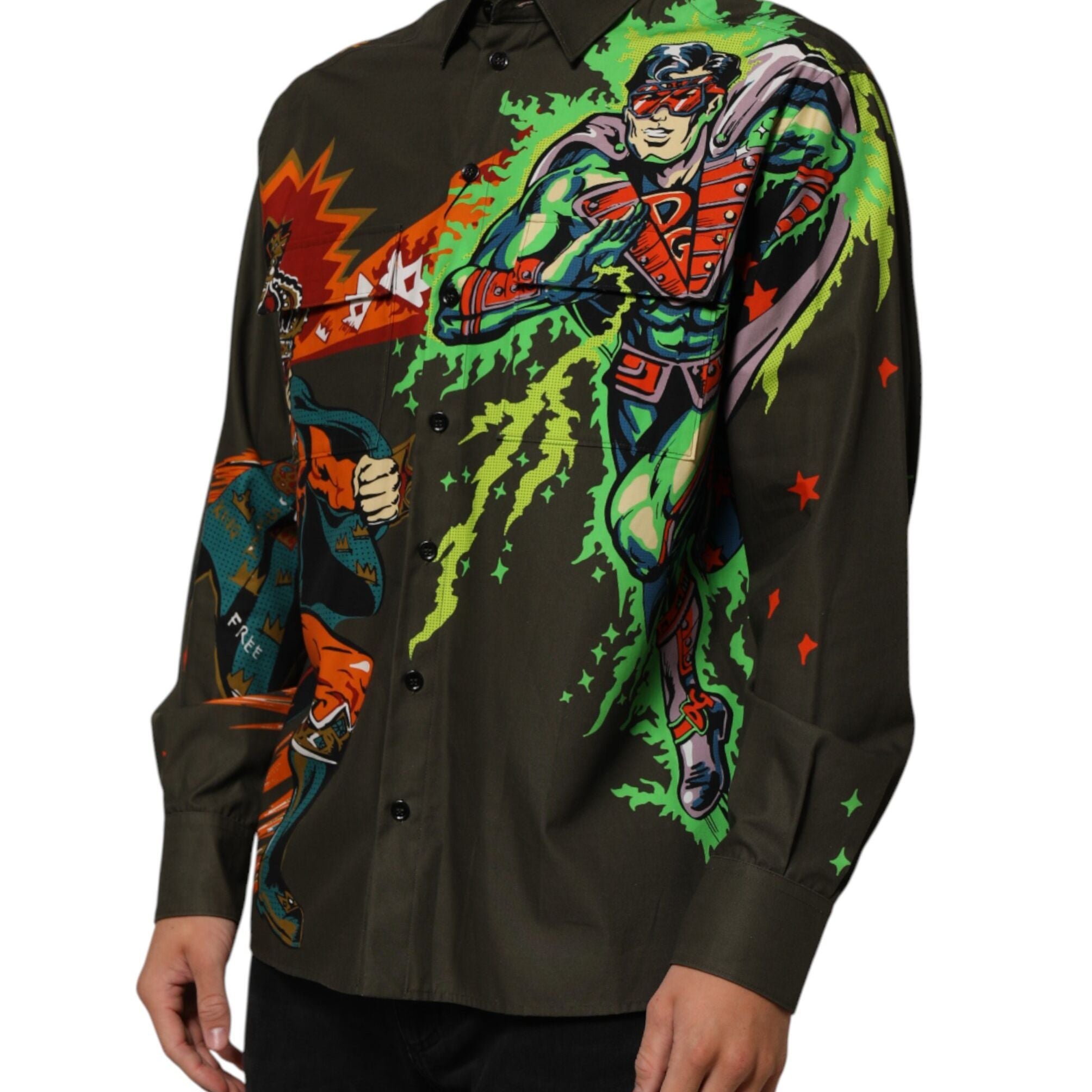 Dolce & Gabbana Green Superhero Print Button Down Shirt