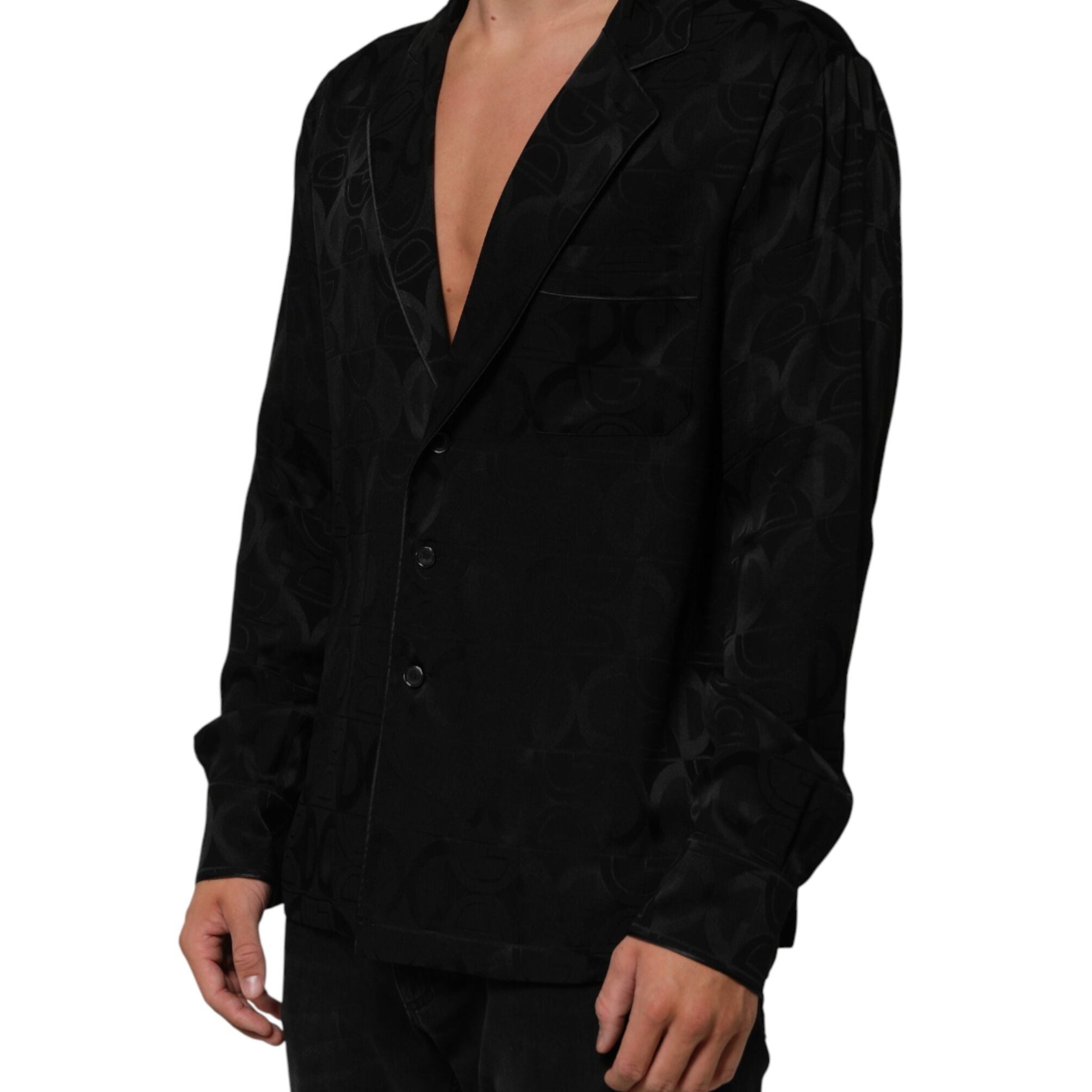 Dolce & Gabbana Black DG Logo Silk Men Long Sleeves Shirt