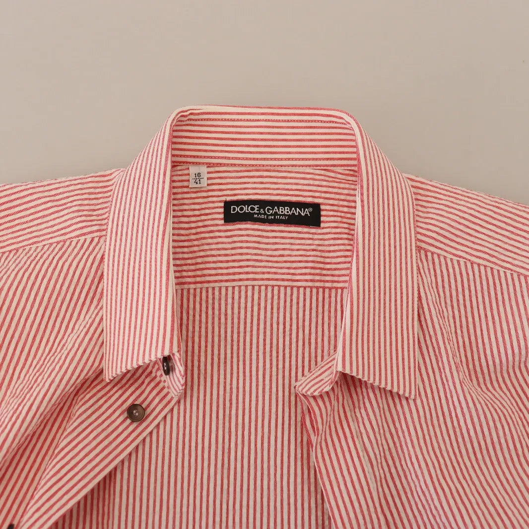 Dolce & Gabbana Red White Striped Cotton Short Sleeve Shirt