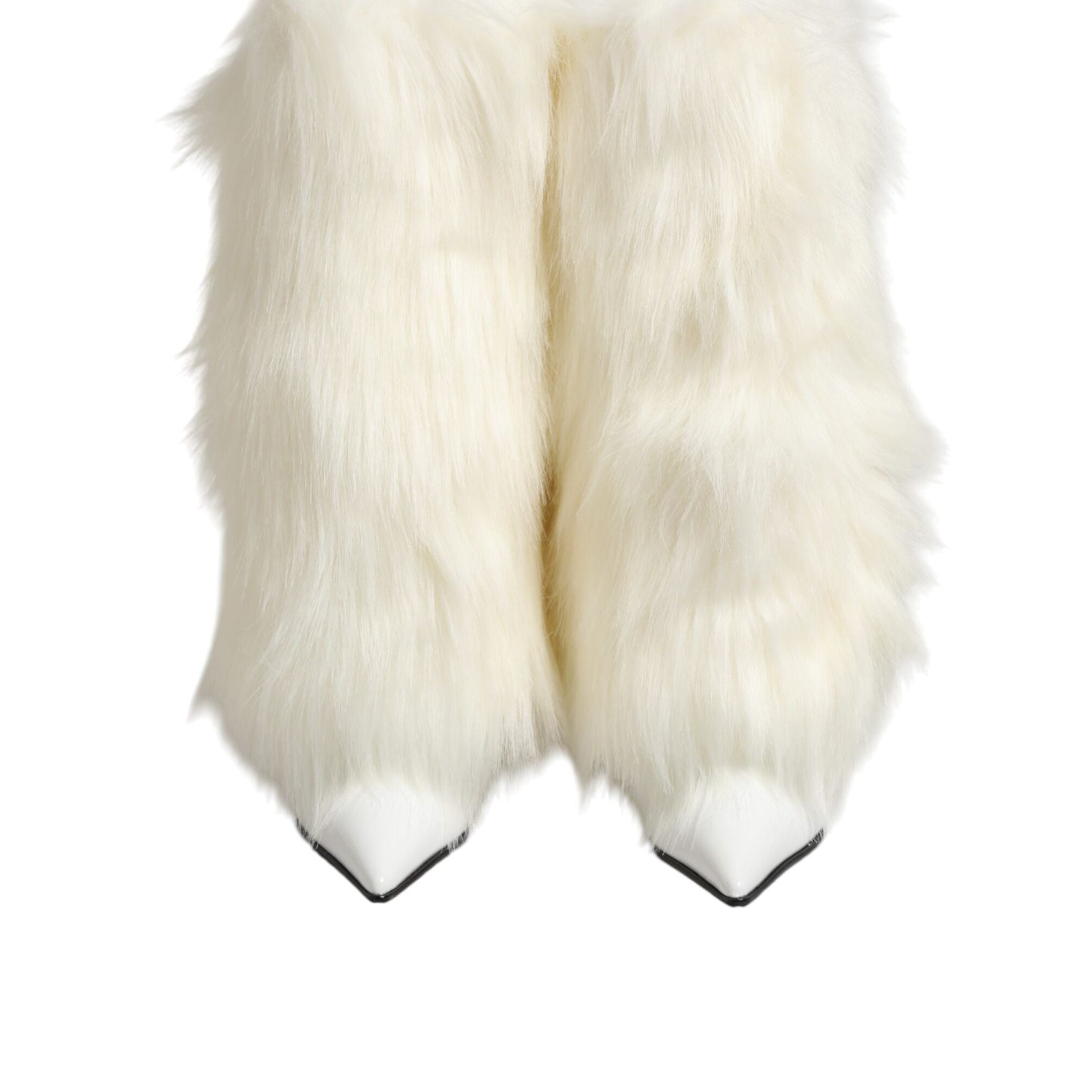 Dolce & Gabbana White Fur Pointed Knee High Stiletto Boots Shoes