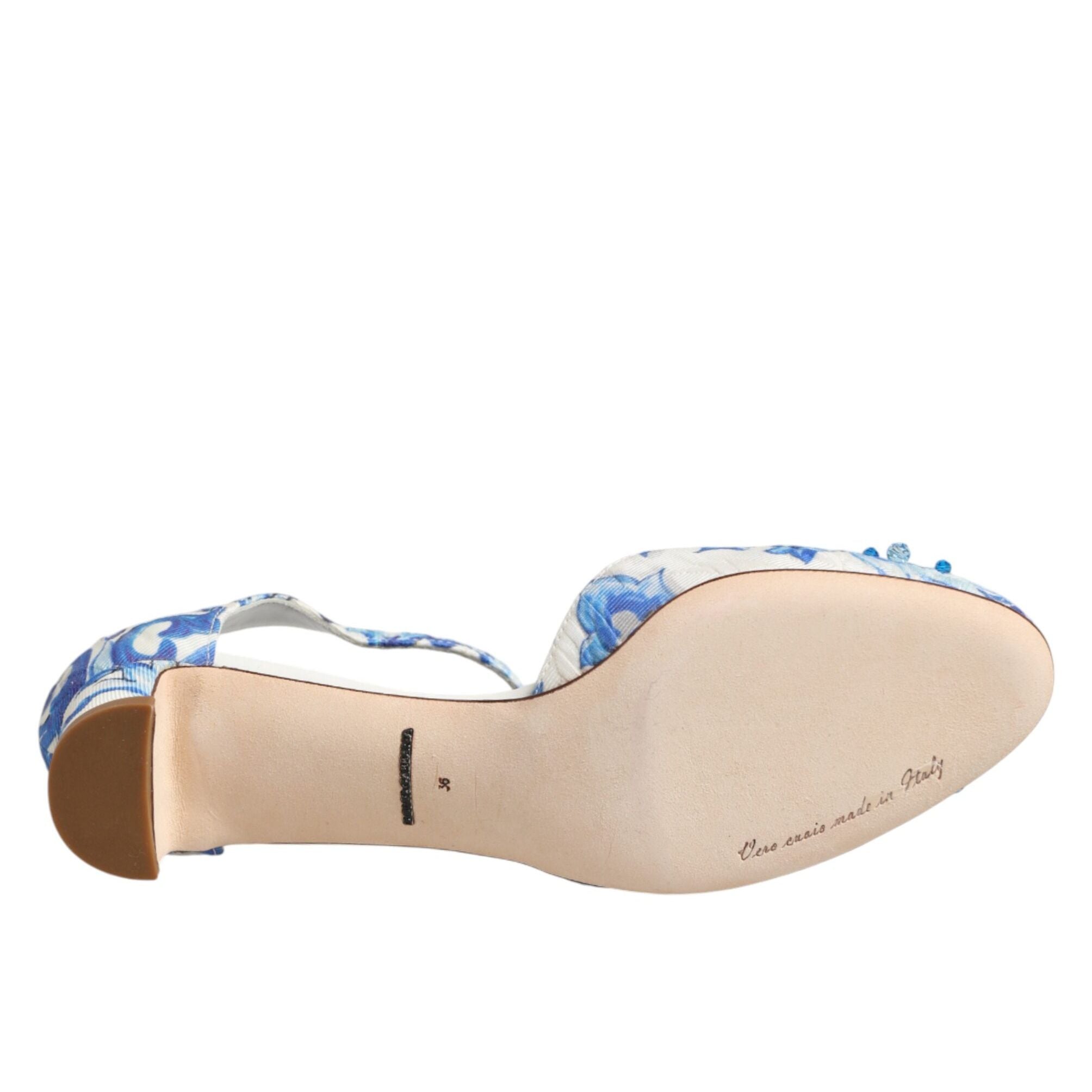 Dolce & Gabbana White Blue Floral Crystal Ankle Straps Shoes