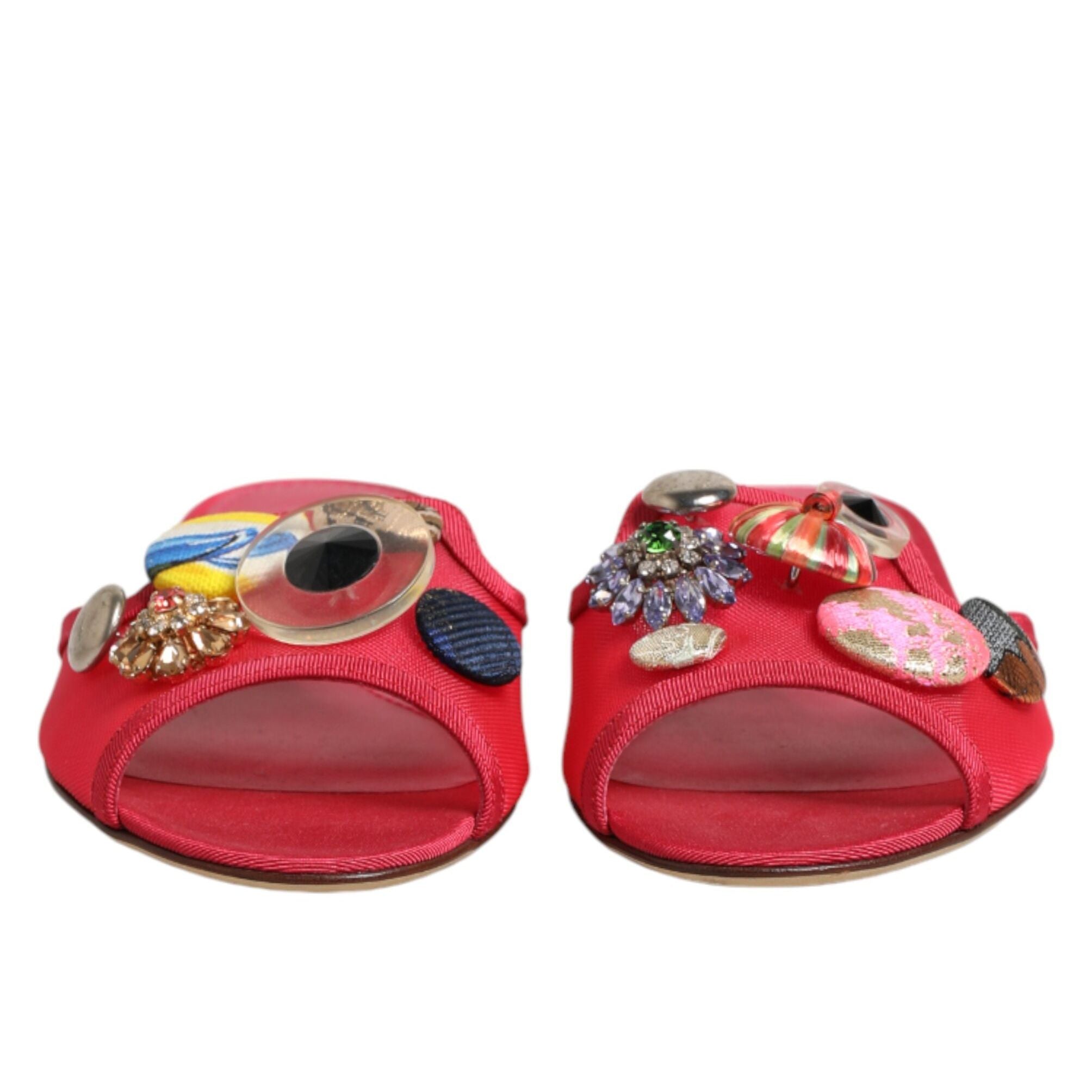 Dolce & Gabbana Red Embellished Flats Slip On Sandals Shoes