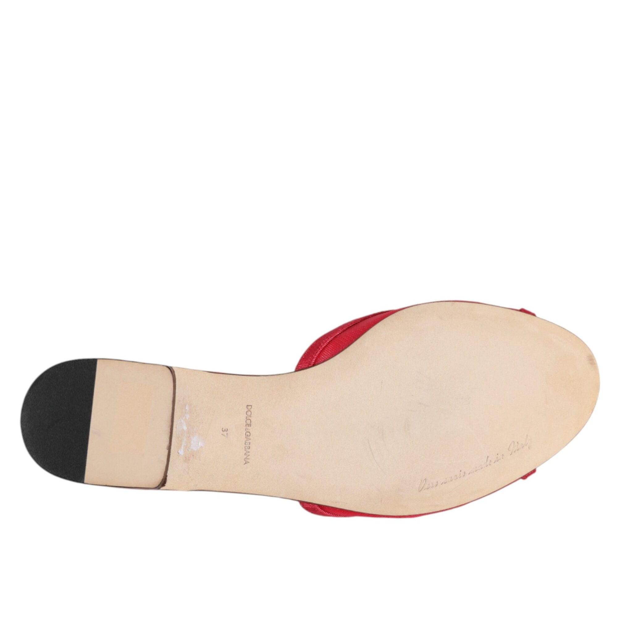 Dolce & Gabbana Red Embellished Flats Slip On Sandals Shoes
