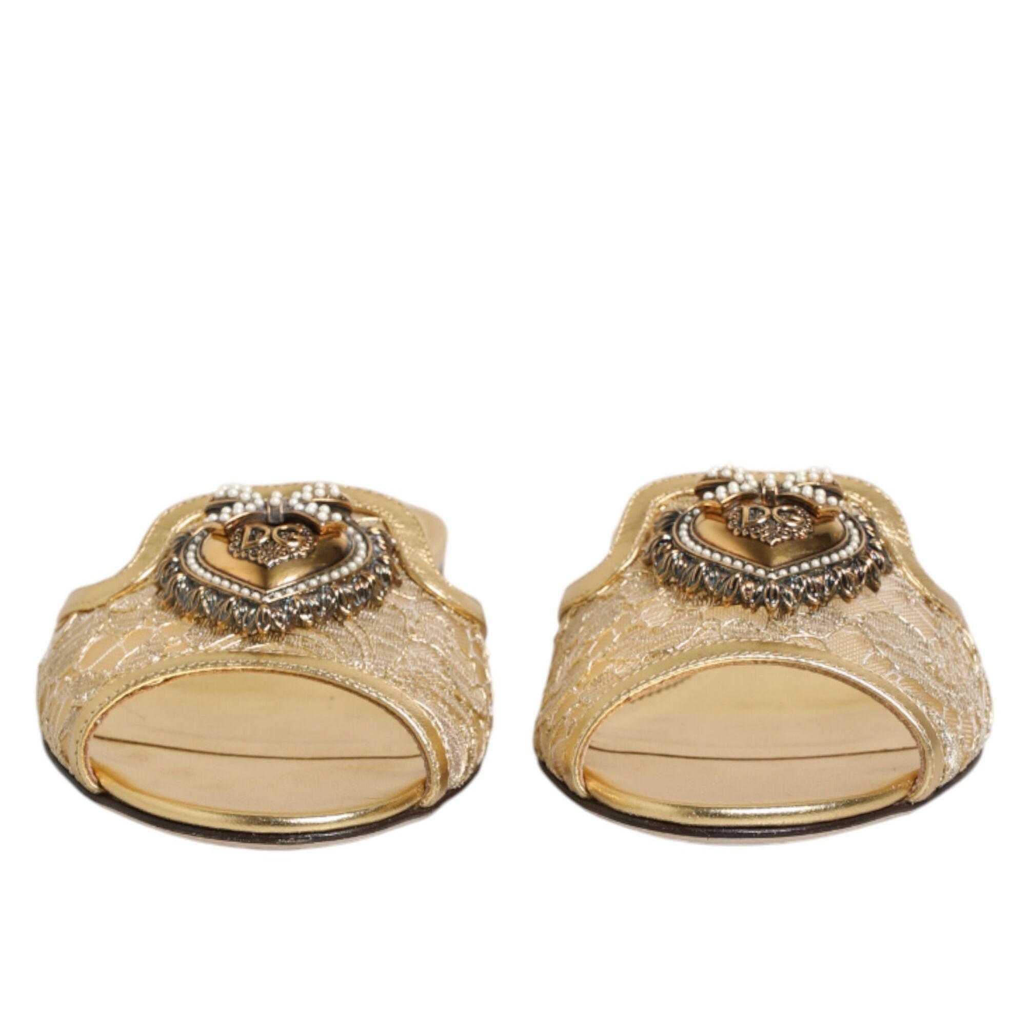 Dolce & Gabbana Gold Devotion Lace Flats Slip On Sandals Shoes