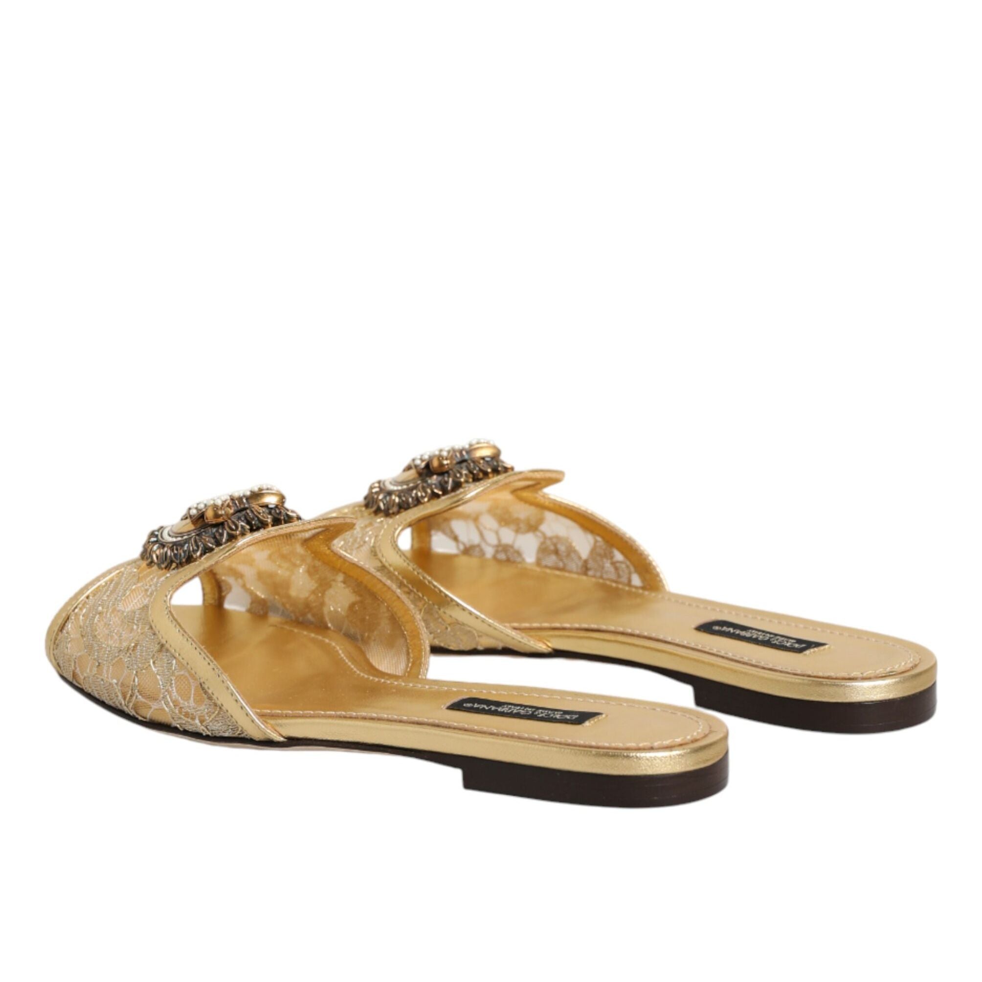 Dolce & Gabbana Gold Devotion Lace Flats Slip On Sandals Shoes