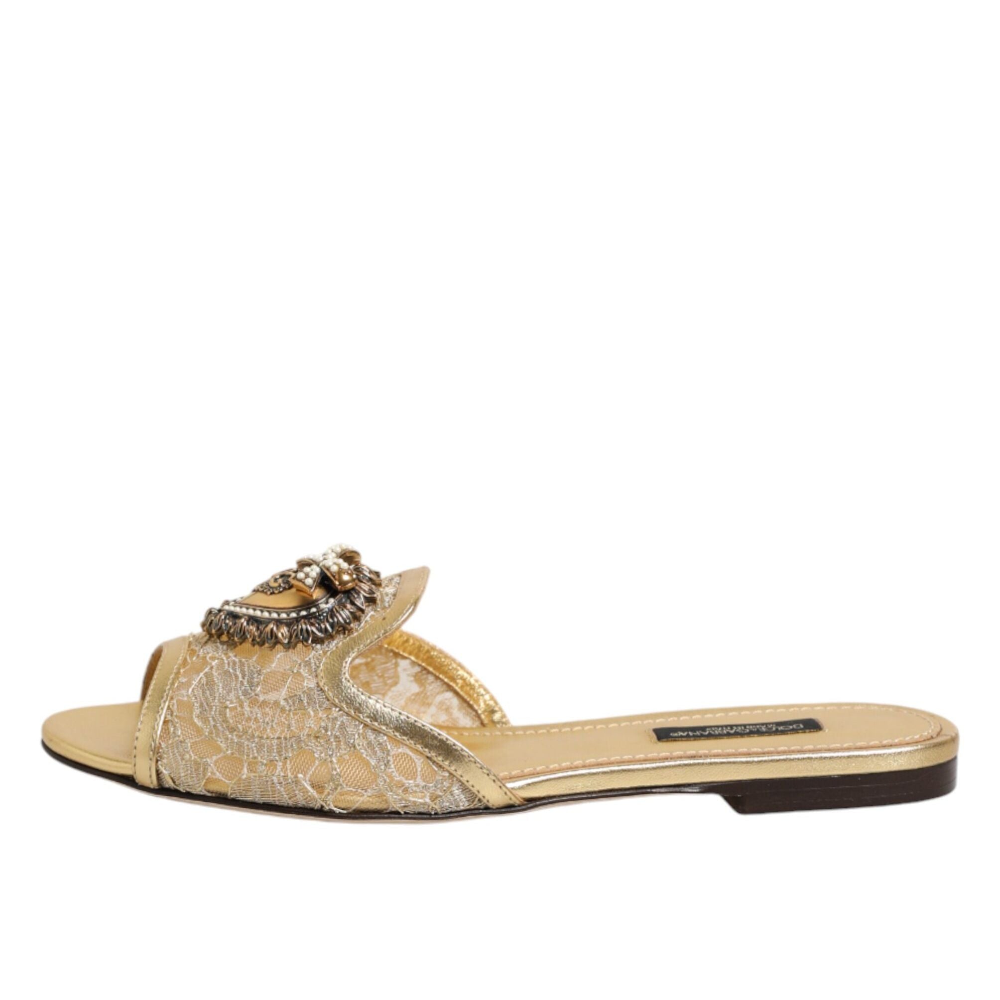 Dolce & Gabbana Gold Devotion Lace Flats Slip On Sandals Shoes