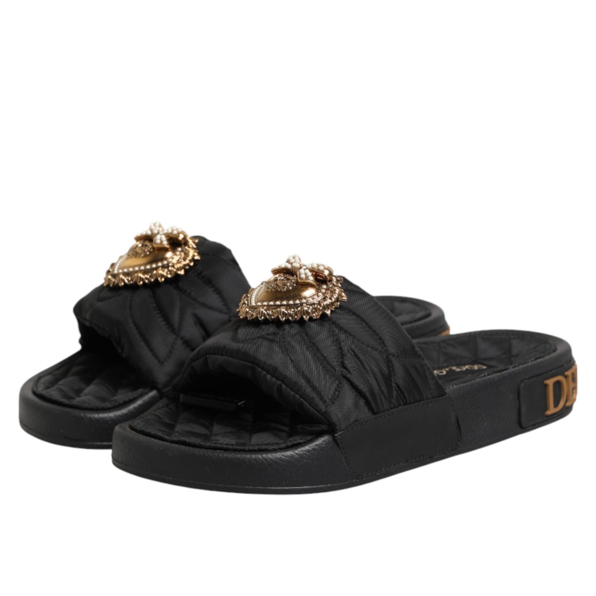 Dolce & Gabbana Black Devotion Matelassé Leather Slides Shoes