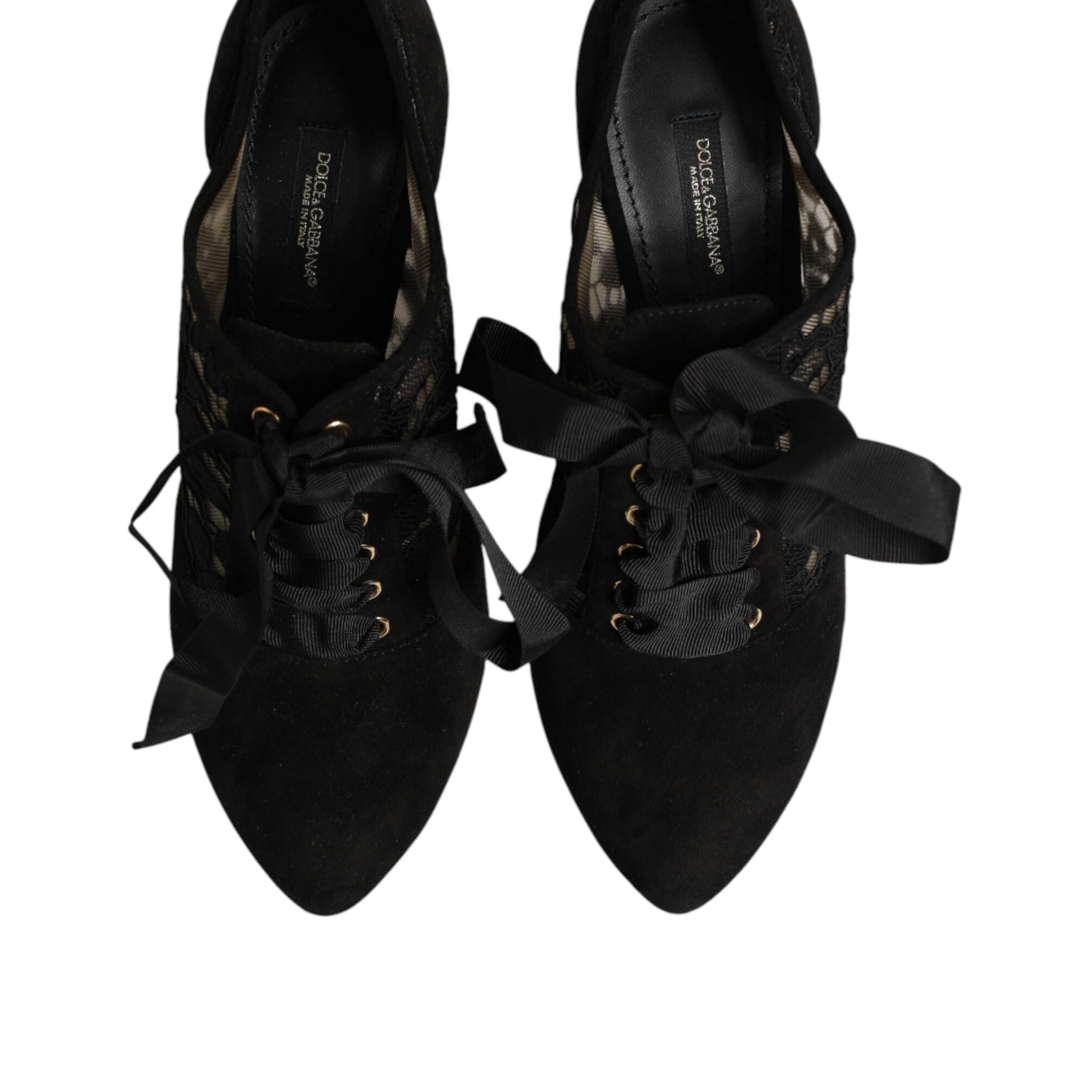 Dolce & Gabbana Black Floral High Heels LACE-UPS Pumps Shoes