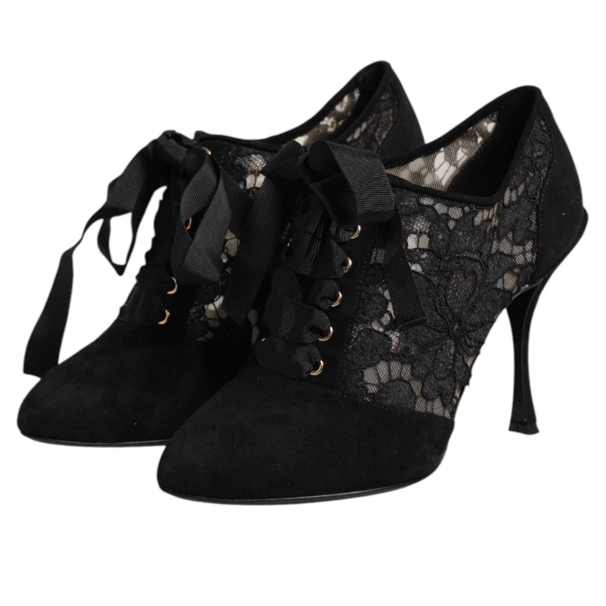 Dolce & Gabbana Black Floral High Heels LACE-UPS Pumps Shoes